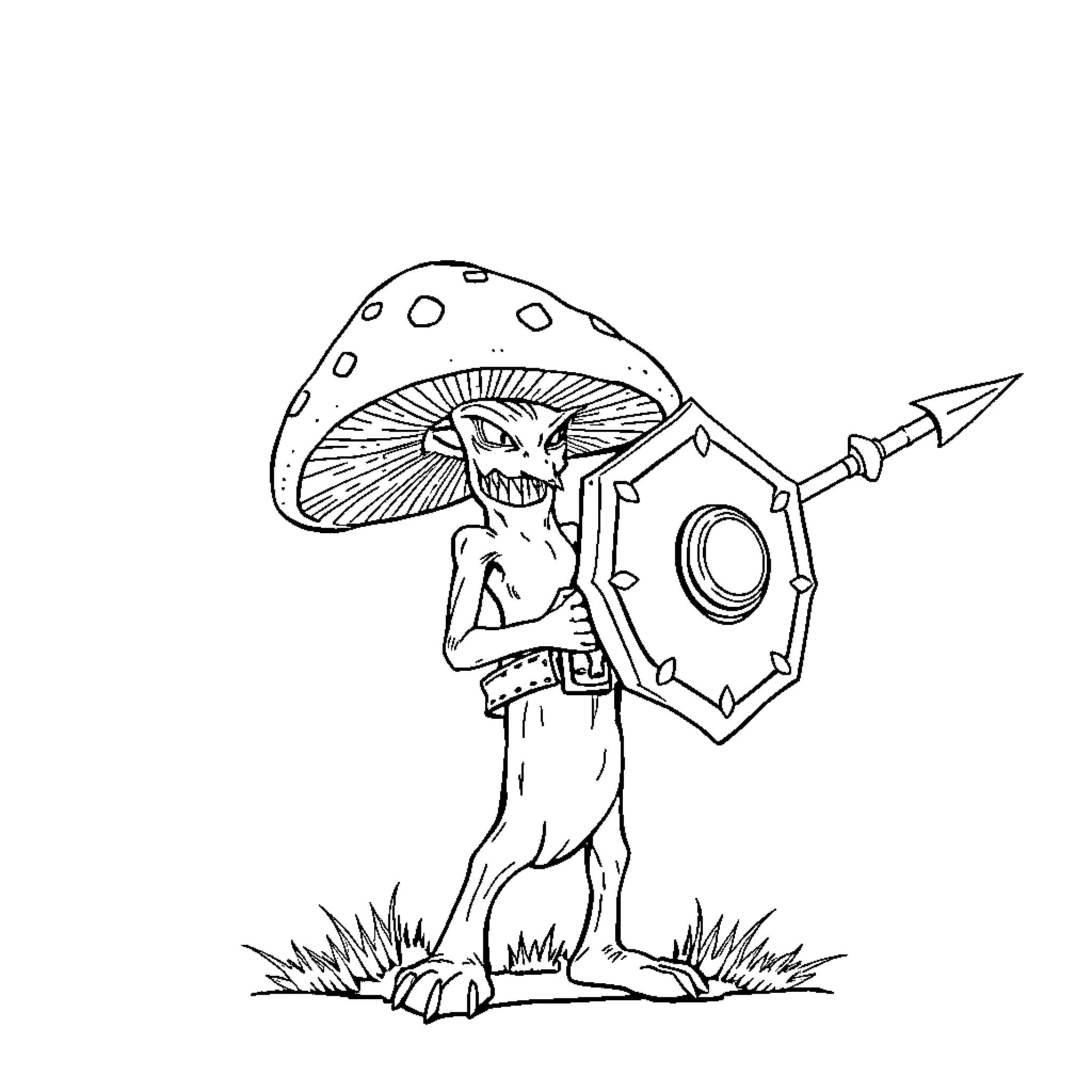 Mushroom creature wielding shield and spear Coloring Page (free black-and-white line drawing printable PDF for all, from beginners to advanced learners, including children, teens, adults, and seniors)