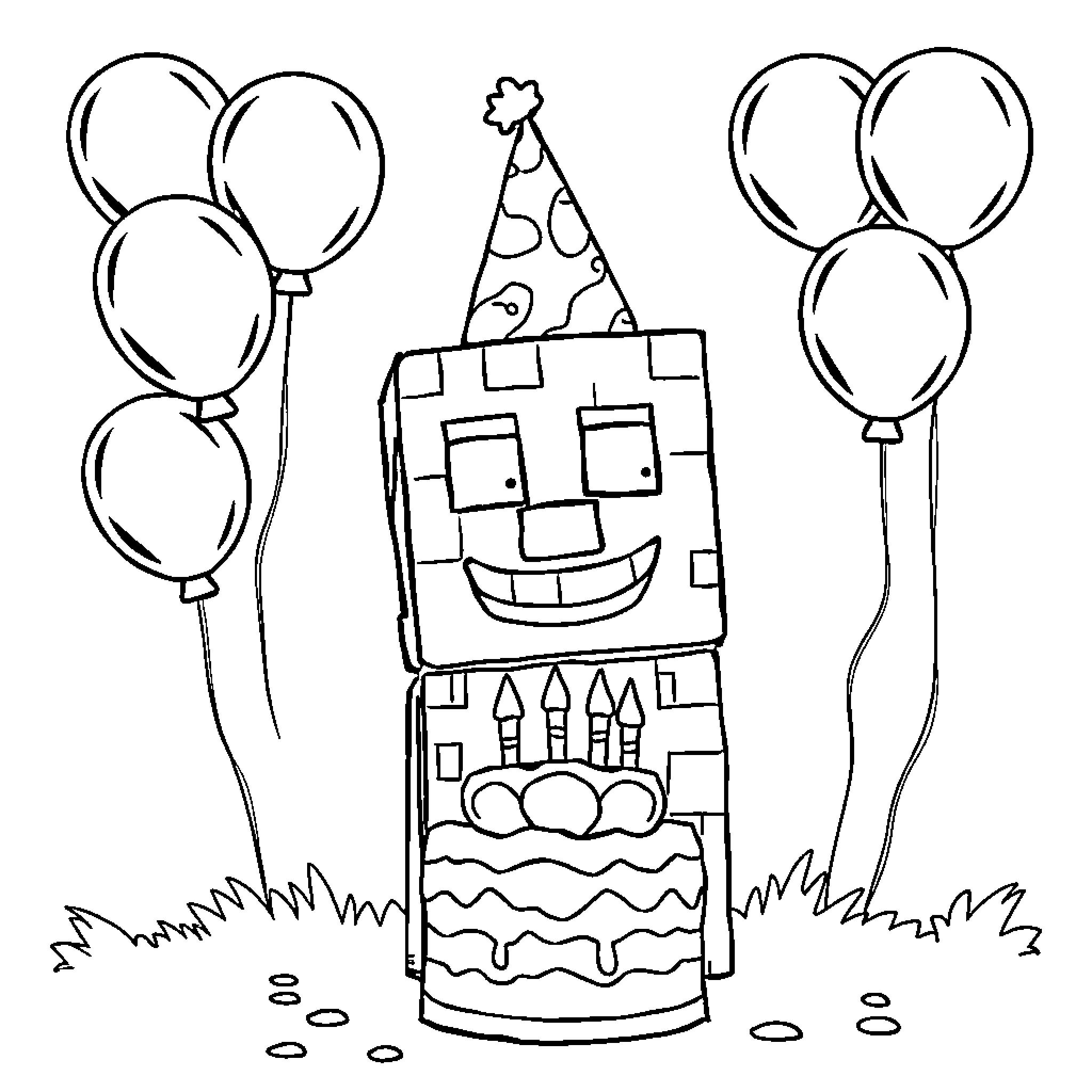 Creeper celebrating with balloons and cake Coloring Page (free black-and-white line drawing printable PDF for all, from beginners to advanced learners, including children, teens, adults, and seniors)