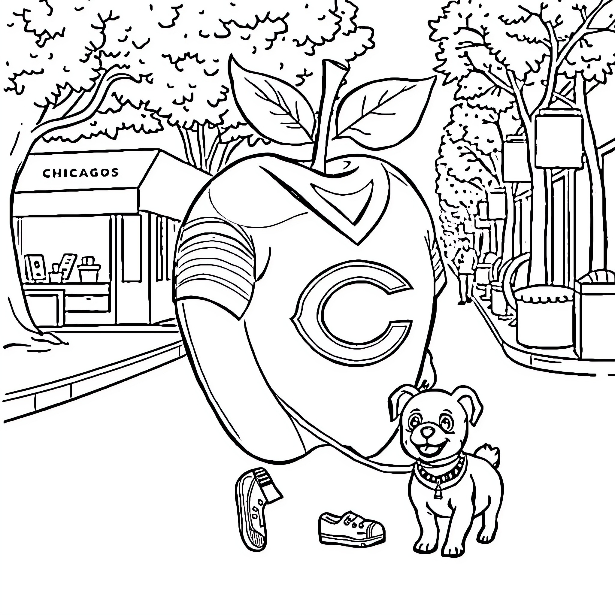 Apple-themed coloring page with Chicago landmarks Coloring Page (free black-and-white line drawing printable PDF for all, from beginners to advanced learners, including children, teens, adults, and seniors)