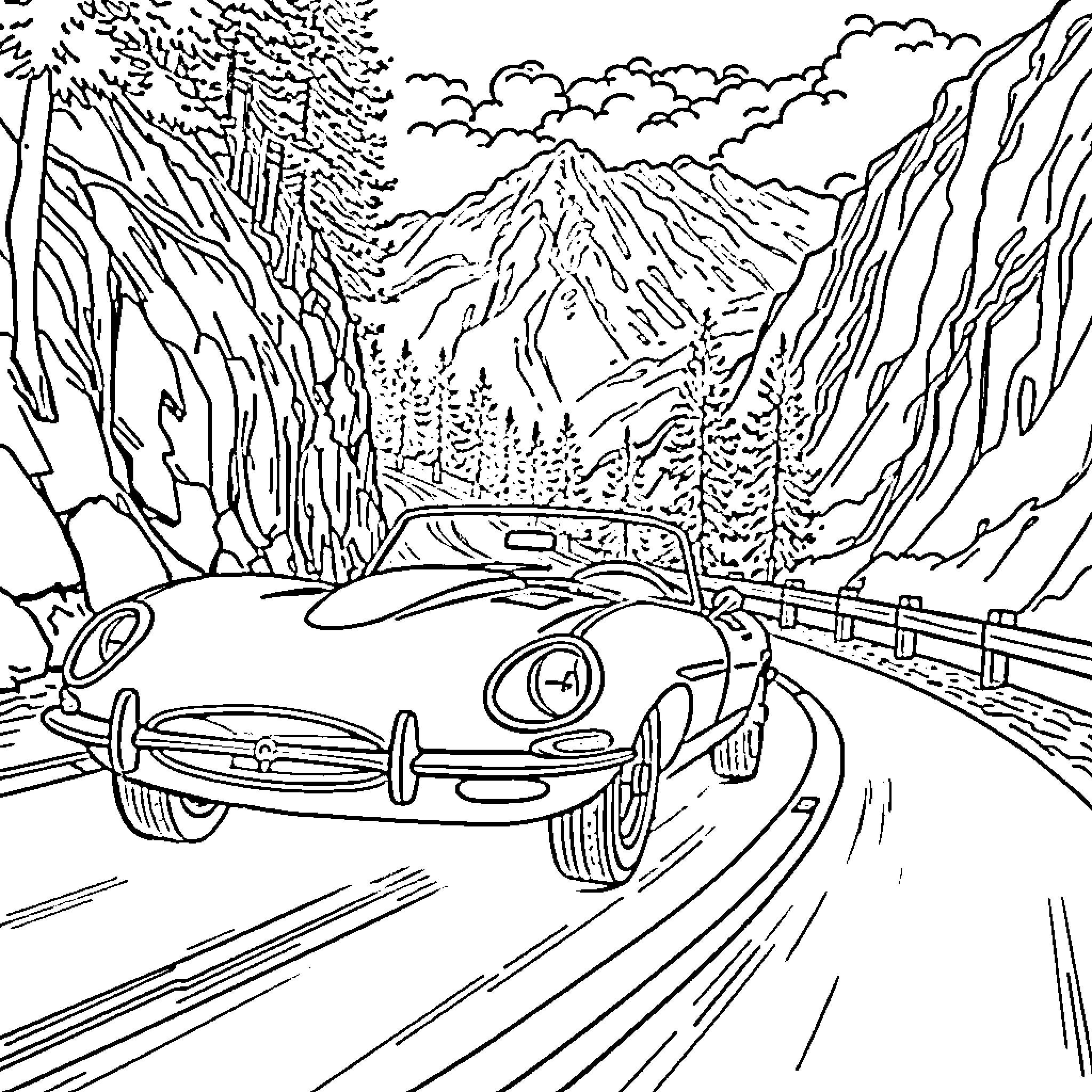 Jaguar speeding through mountain landscape Coloring Page (free black-and-white line drawing printable PDF for all, from beginners to advanced learners, including children, teens, adults, and seniors)