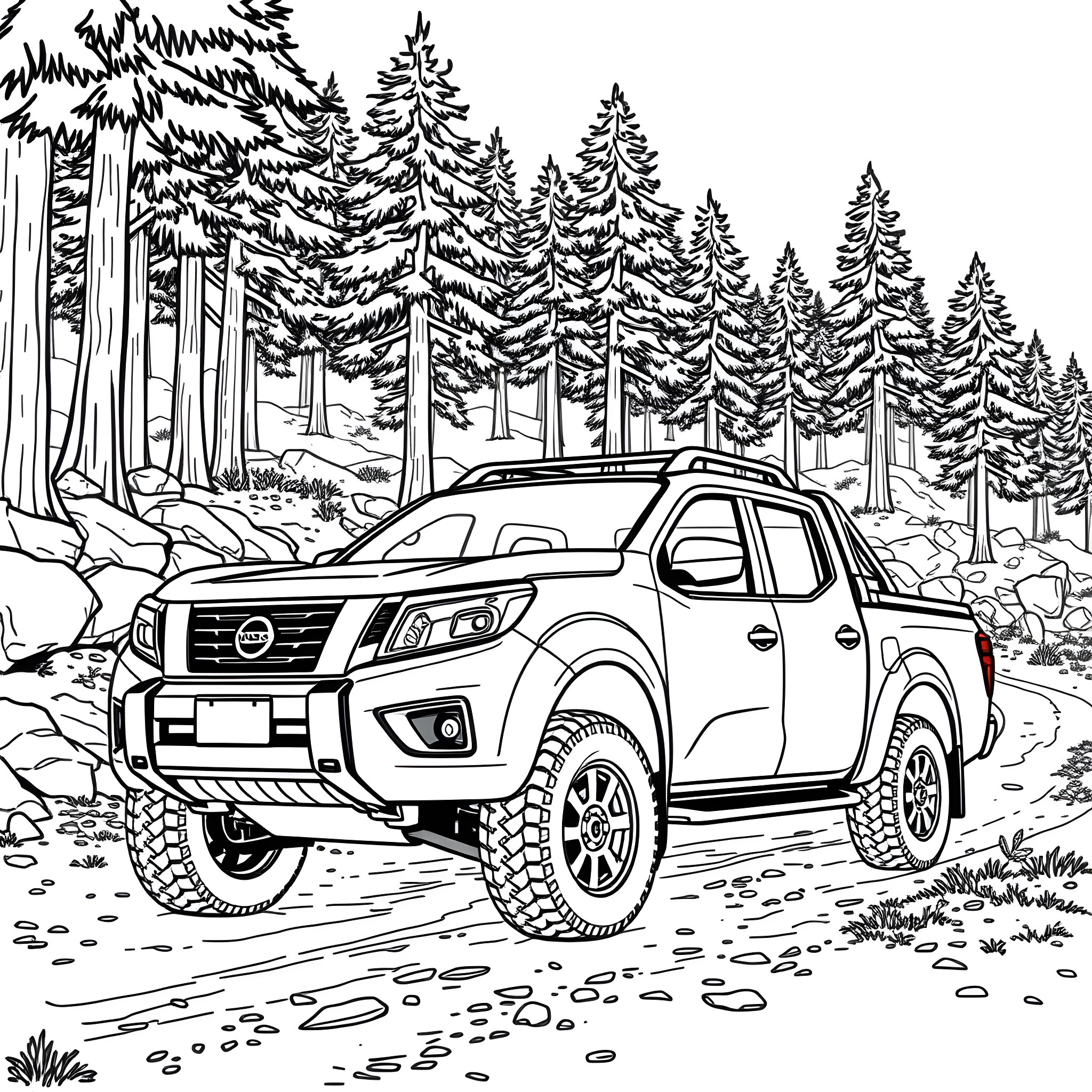 Nissan Navara off-road adventure in the forest Coloring Page (free black-and-white line drawing printable PDF for all, from beginners to advanced learners, including children, teens, adults, and seniors)