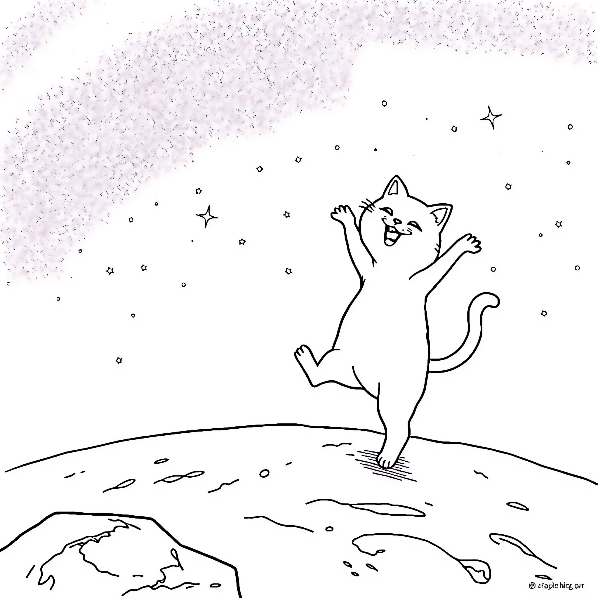 Cat playing under the stars Coloring Page (free black-and-white line drawing printable PDF for all, from beginners to advanced learners, including children, teens, adults, and seniors)