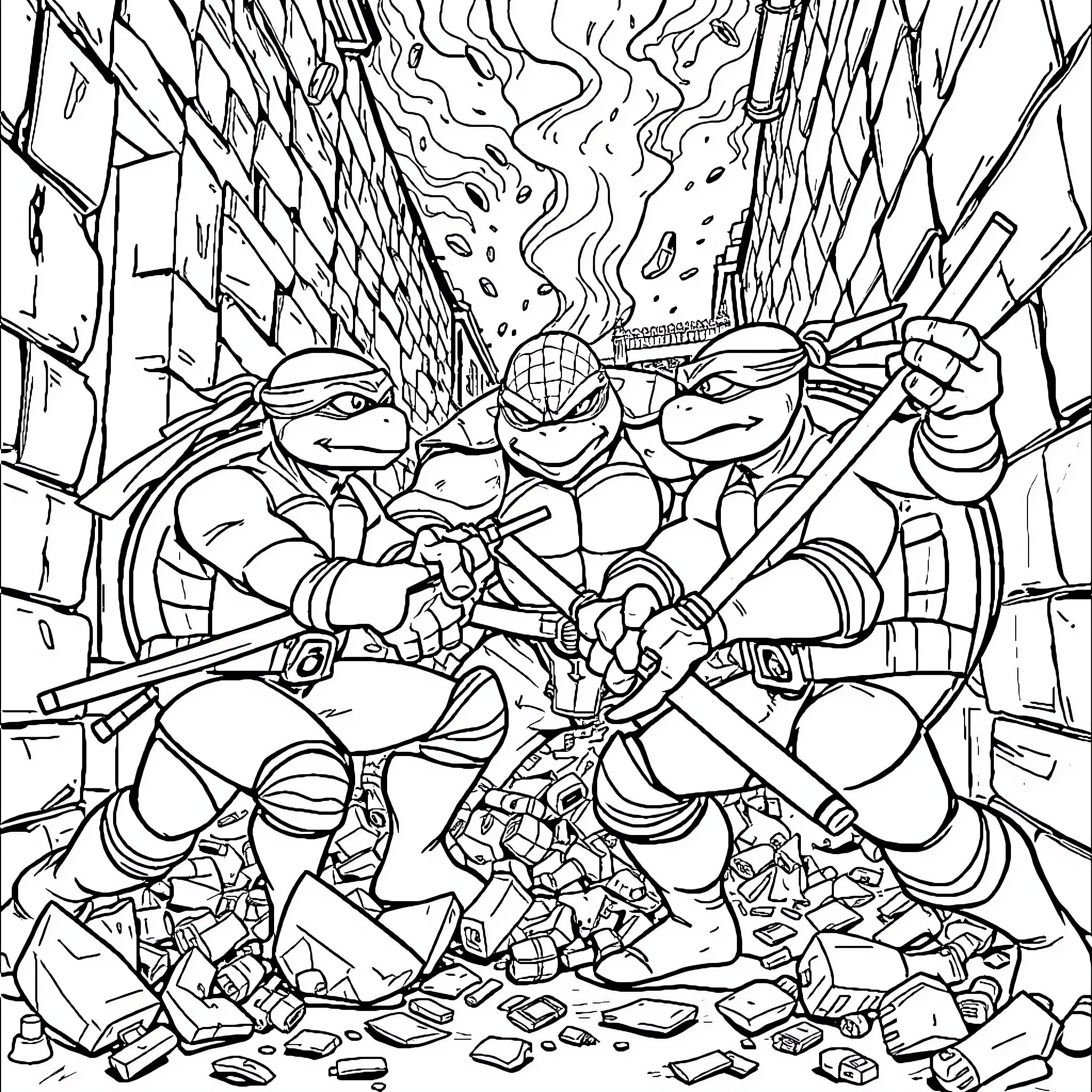 Ninja Turtles in Intense Battle Scene Coloring Page (free black-and-white line drawing printable PDF for all, from beginners to advanced learners, including children, teens, adults, and seniors)