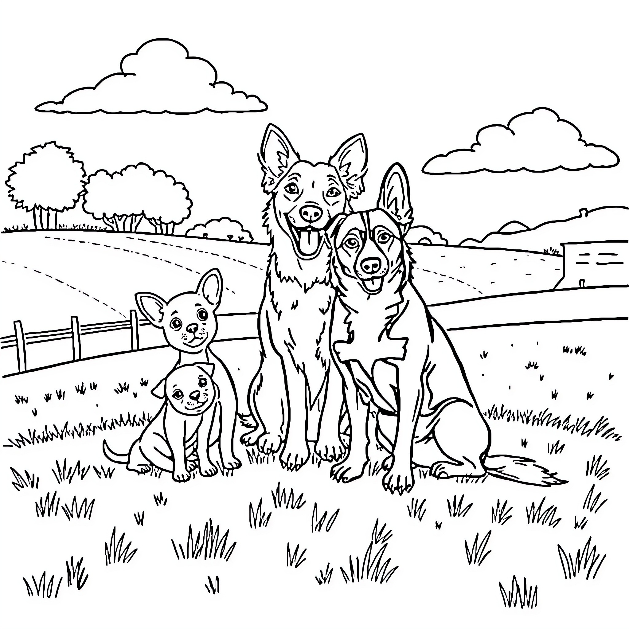 Dog family enjoying outdoor scene Coloring Page (free black-and-white line drawing printable PDF for all, from beginners to advanced learners, including children, teens, adults, and seniors)