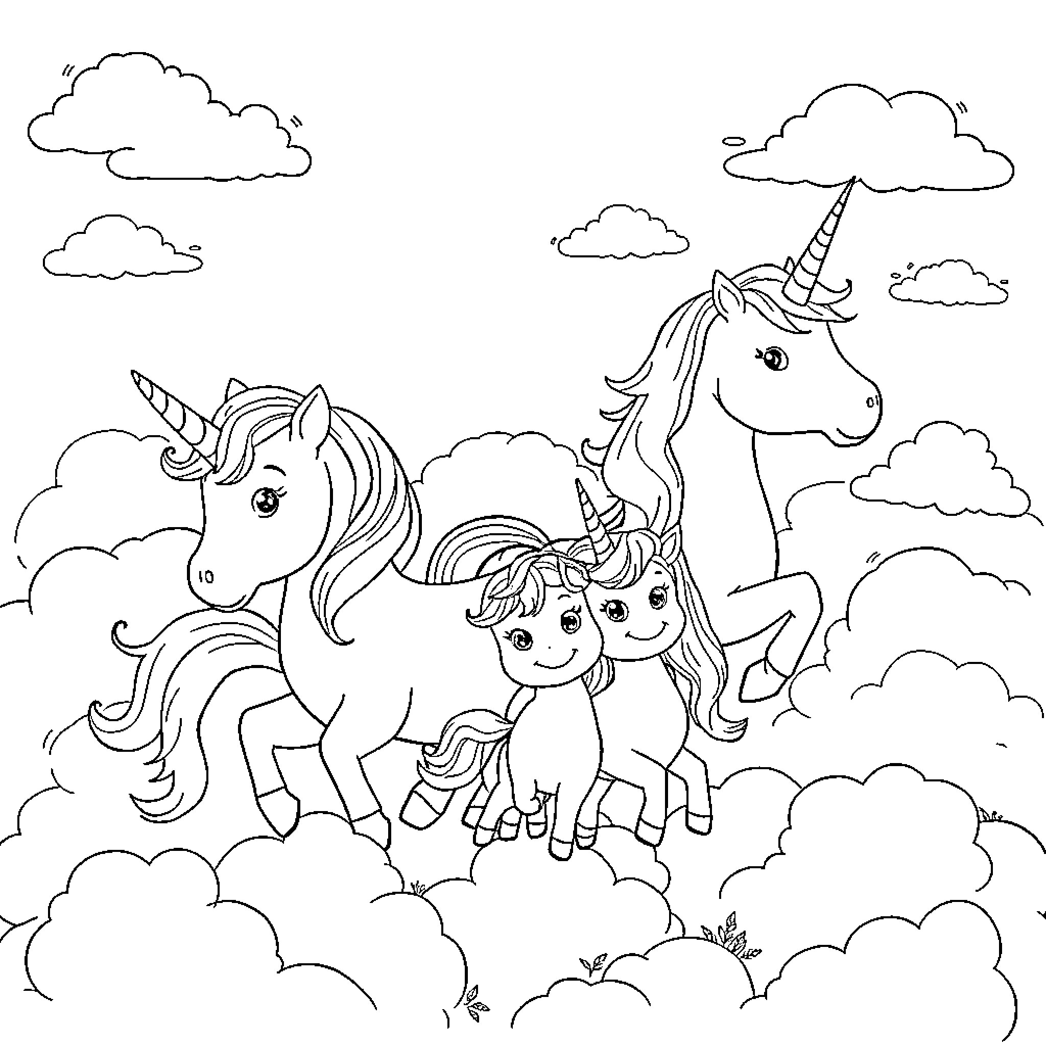 Unicorn family frolicking in the clouds Coloring Page (free black-and-white line drawing printable PDF for all, from beginners to advanced learners, including children, teens, adults, and seniors)