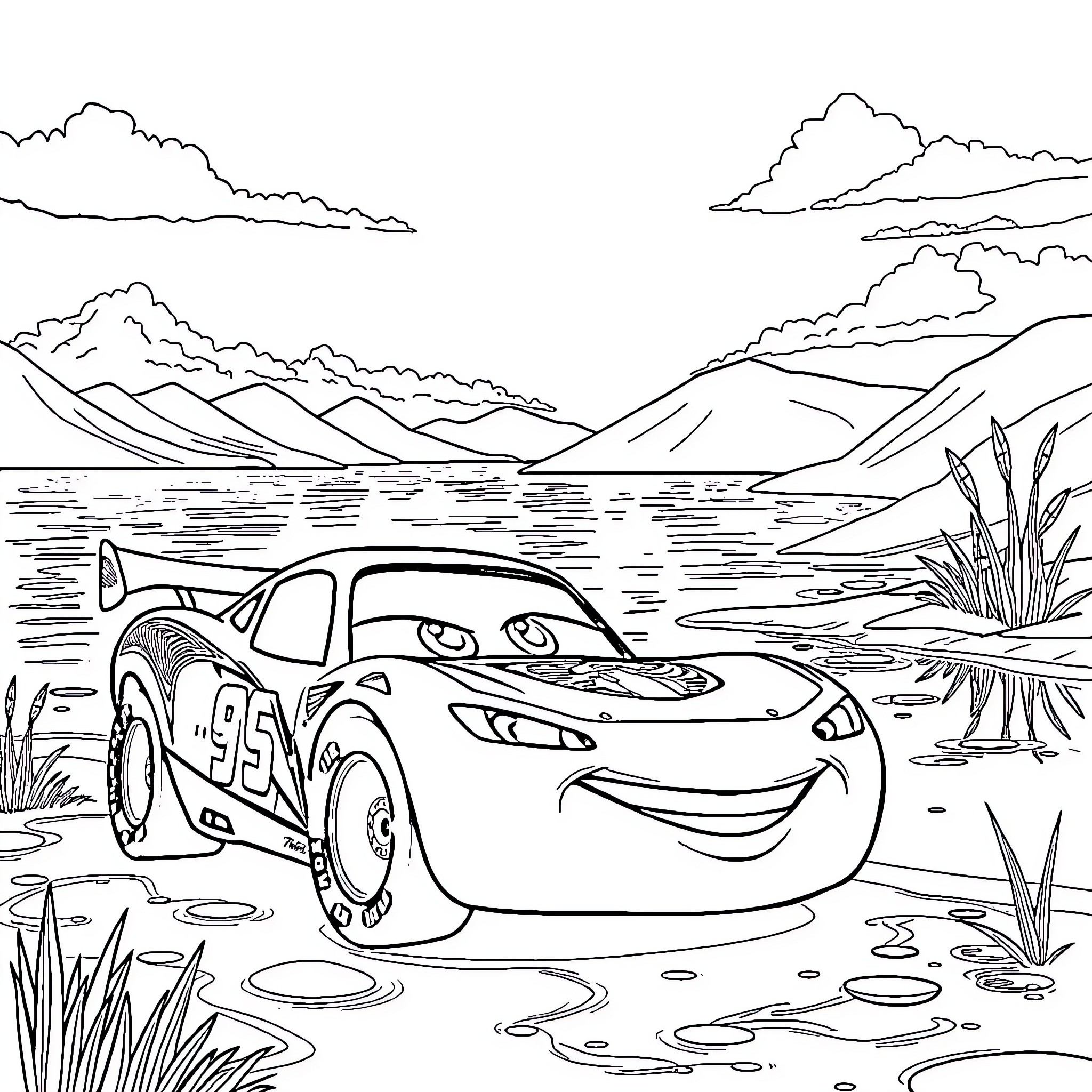 Rayo McQueen racing through the countryside Coloring Page (free black-and-white line drawing printable PDF for all, from beginners to advanced learners, including children, teens, adults, and seniors)