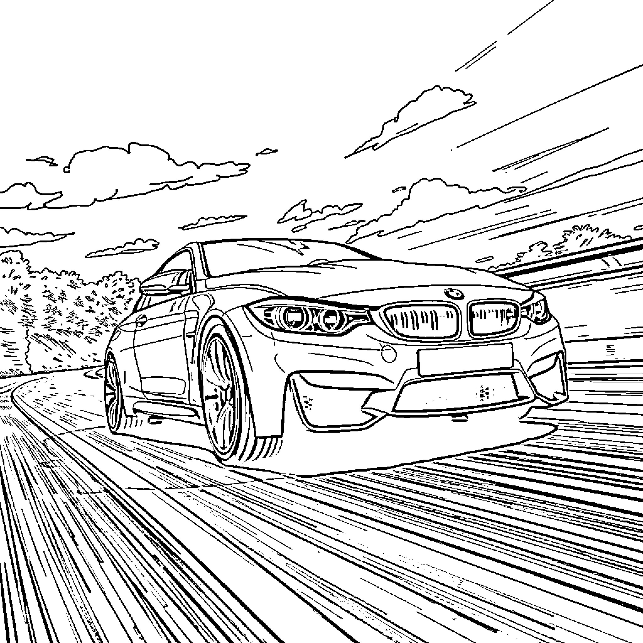 BMW sports car speeding on the road Coloring Page (free black-and-white line drawing printable PDF for all, from beginners to advanced learners, including children, teens, adults, and seniors)