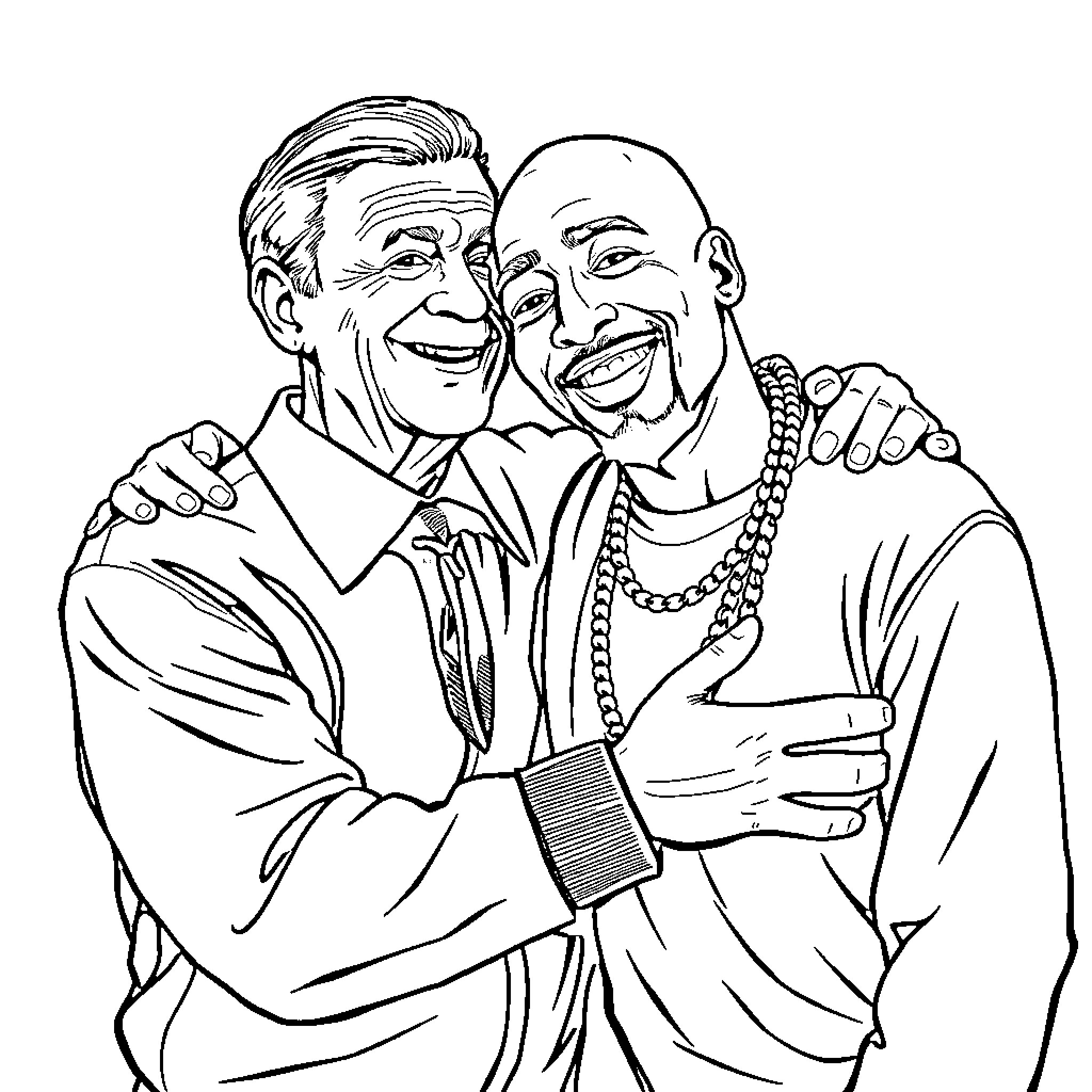 Mr. Rogers embracing a joyful companion Coloring Page (free black-and-white line drawing printable PDF for all, from beginners to advanced learners, including children, teens, adults, and seniors)