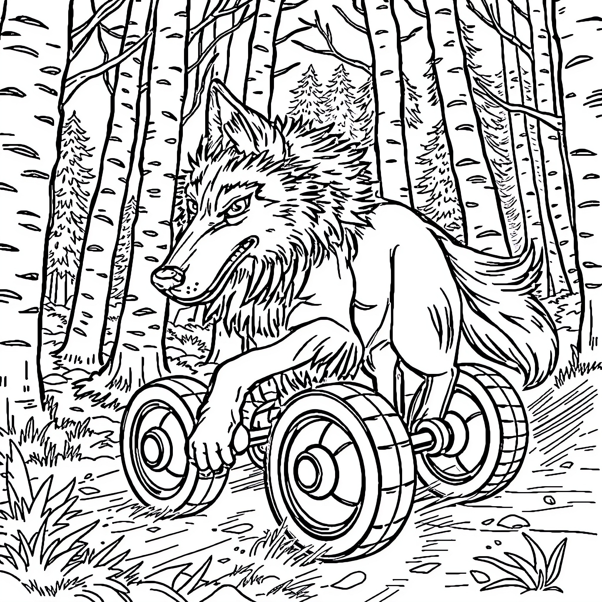 Wolf Running Through the Enchanted Forest Coloring Page (free black-and-white line drawing printable PDF for all, from beginners to advanced learners, including children, teens, adults, and seniors)