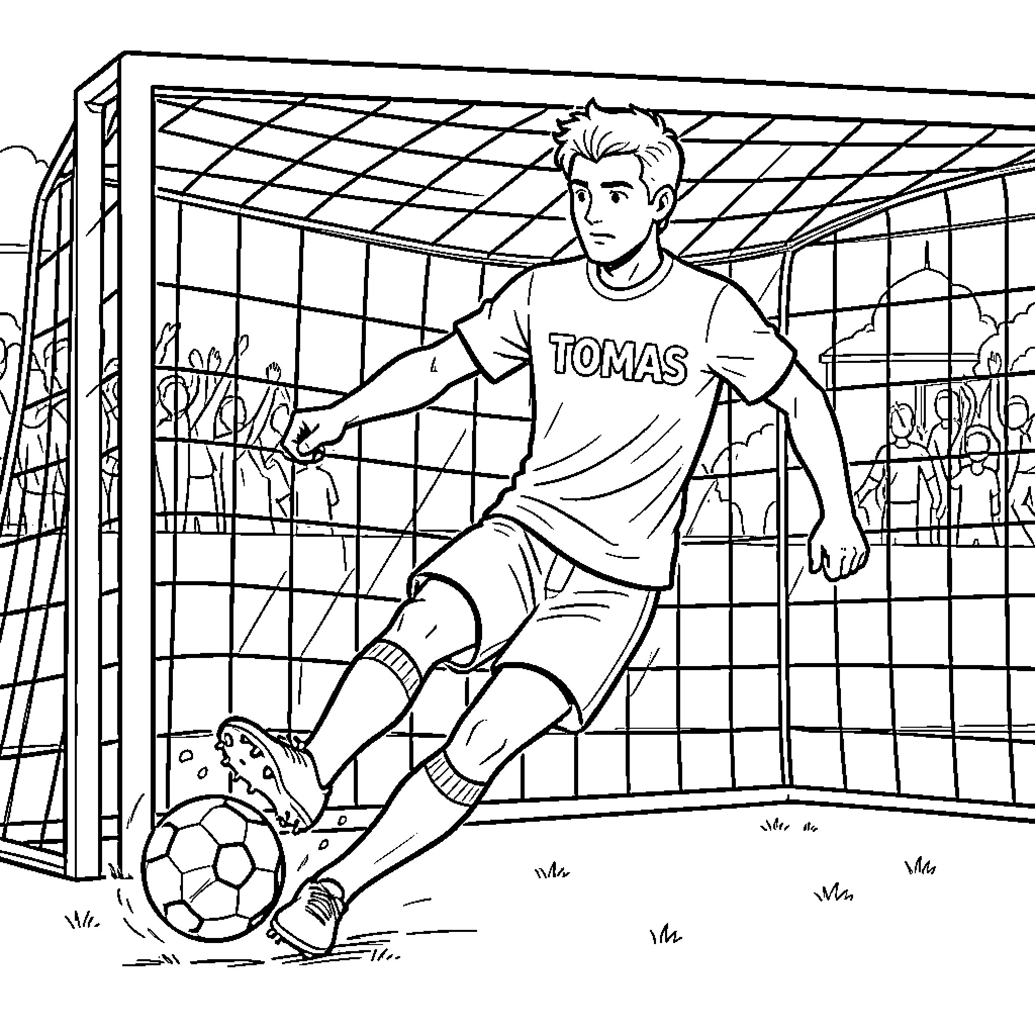 Football Player Kicking Ball in Stadium Coloring Page (free black-and-white line drawing printable PDF for all, from beginners to advanced learners, including children, teens, adults, and seniors)