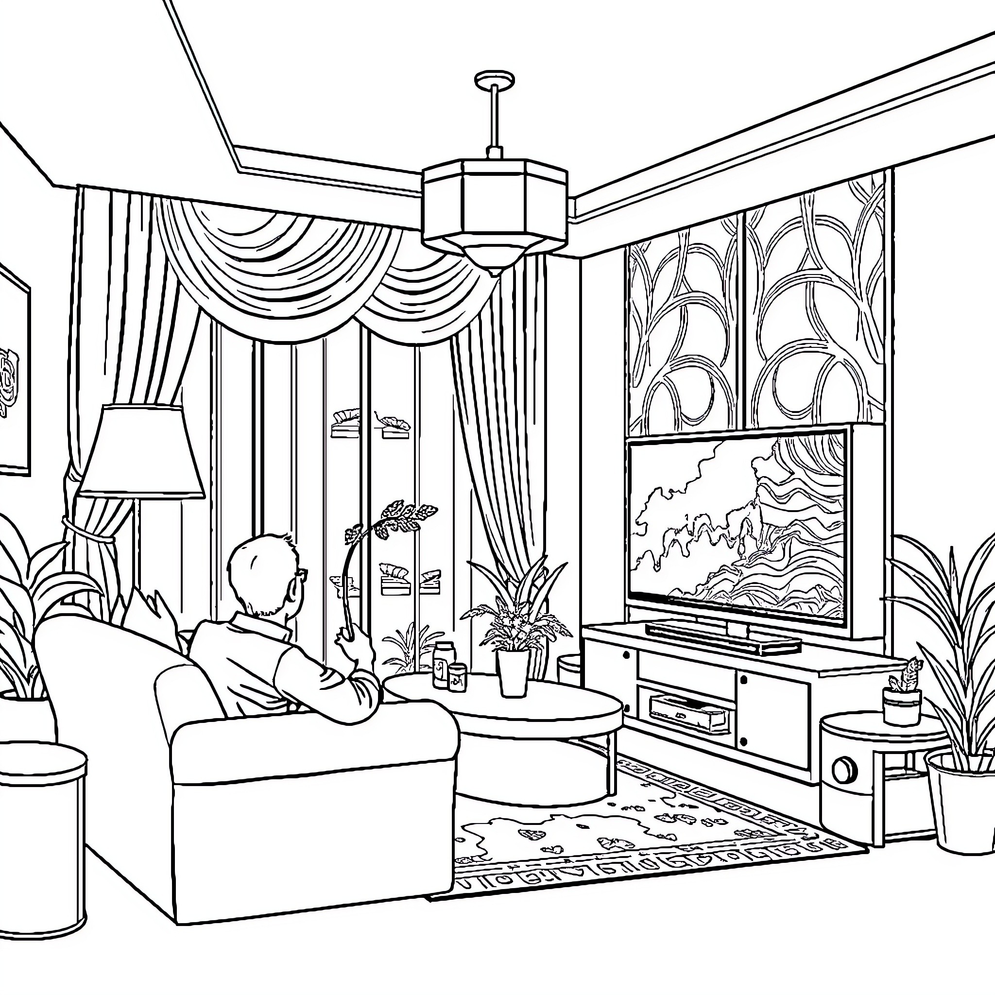 TV room with elegant decor and a person relaxing Coloring Page (free black-and-white line drawing printable PDF for all, from beginners to advanced learners, including children, teens, adults, and seniors)