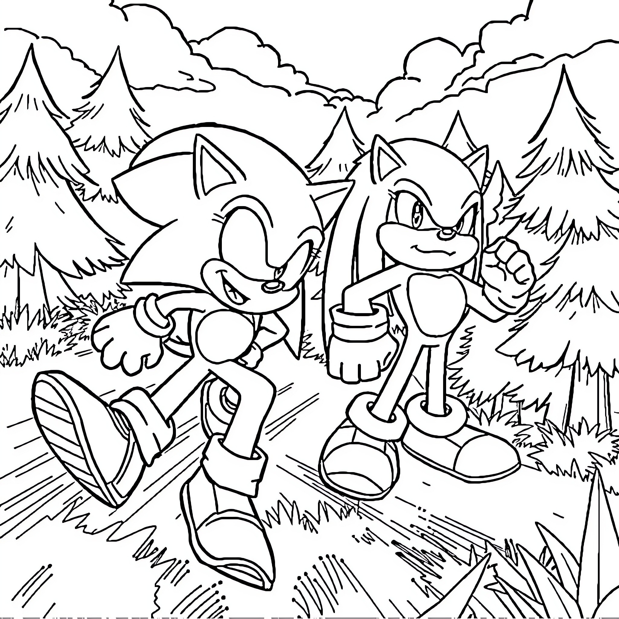 Sonic and Friends Exploring the Outdoors Coloring Page (free black-and-white line drawing printable PDF for all, from beginners to advanced learners, including children, teens, adults, and seniors)