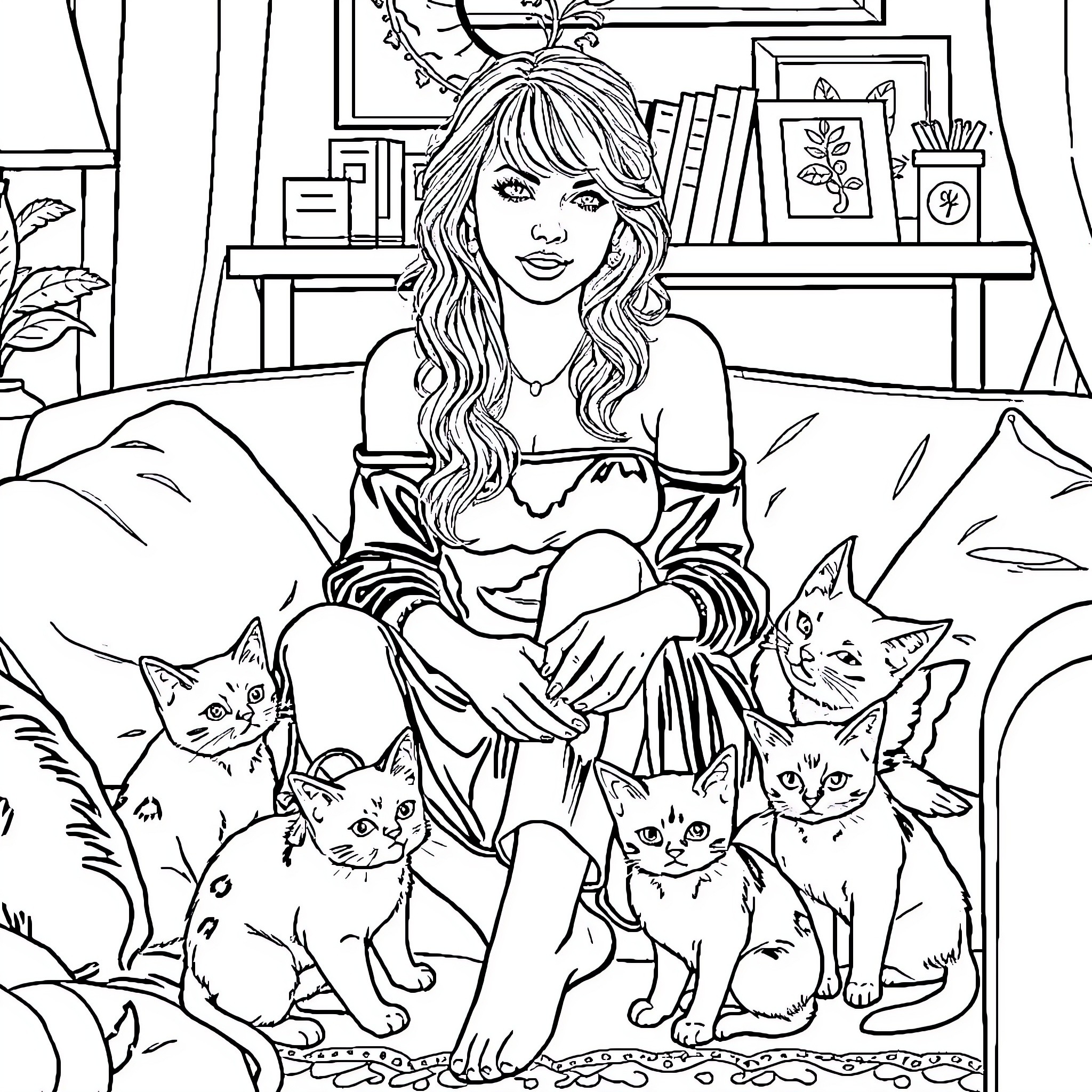 Cat and Owner Relaxing at Home Coloring Page (free black-and-white line drawing printable PDF for all, from beginners to advanced learners, including children, teens, adults, and seniors)