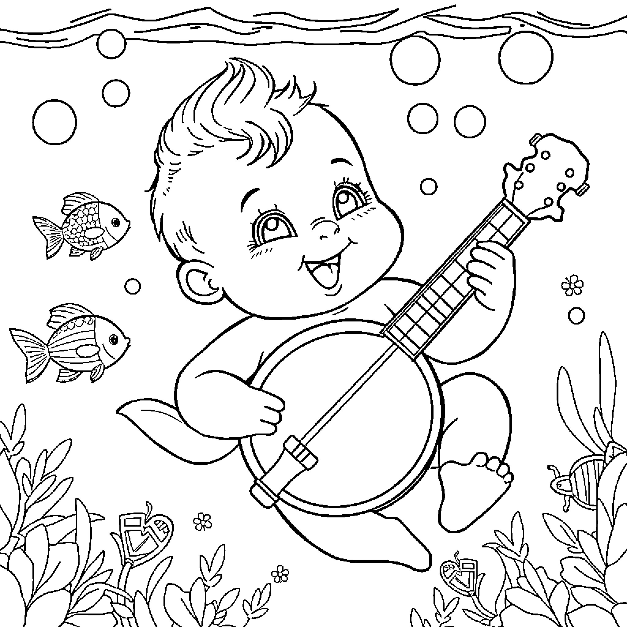 Baby playing with guitar underwater Coloring Page (free black-and-white line drawing printable PDF for all, from beginners to advanced learners, including children, teens, adults, and seniors)