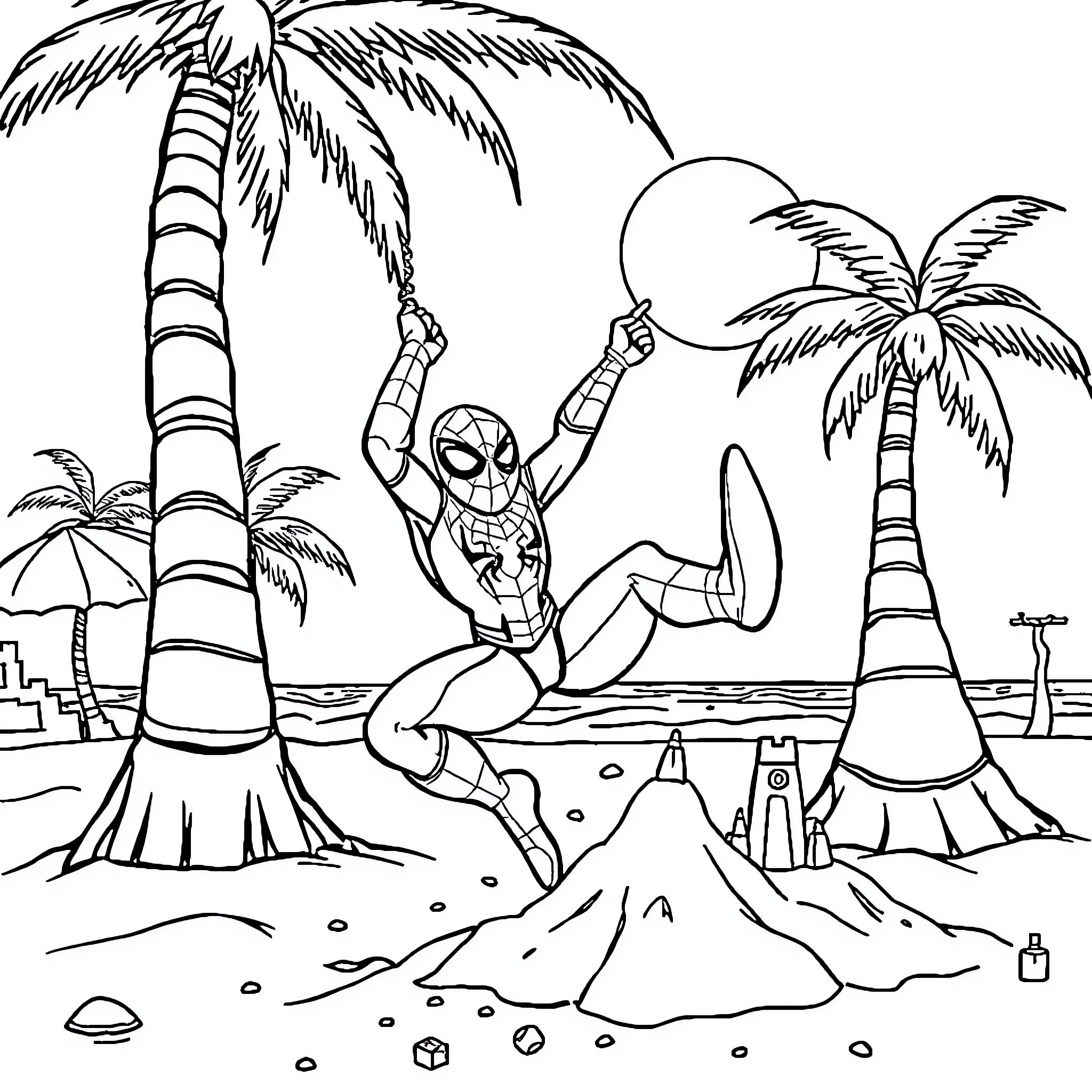 Spider-Man swinging through a tropical beach scene Coloring Page (free black-and-white line drawing printable PDF for all, from beginners to advanced learners, including children, teens, adults, and seniors)