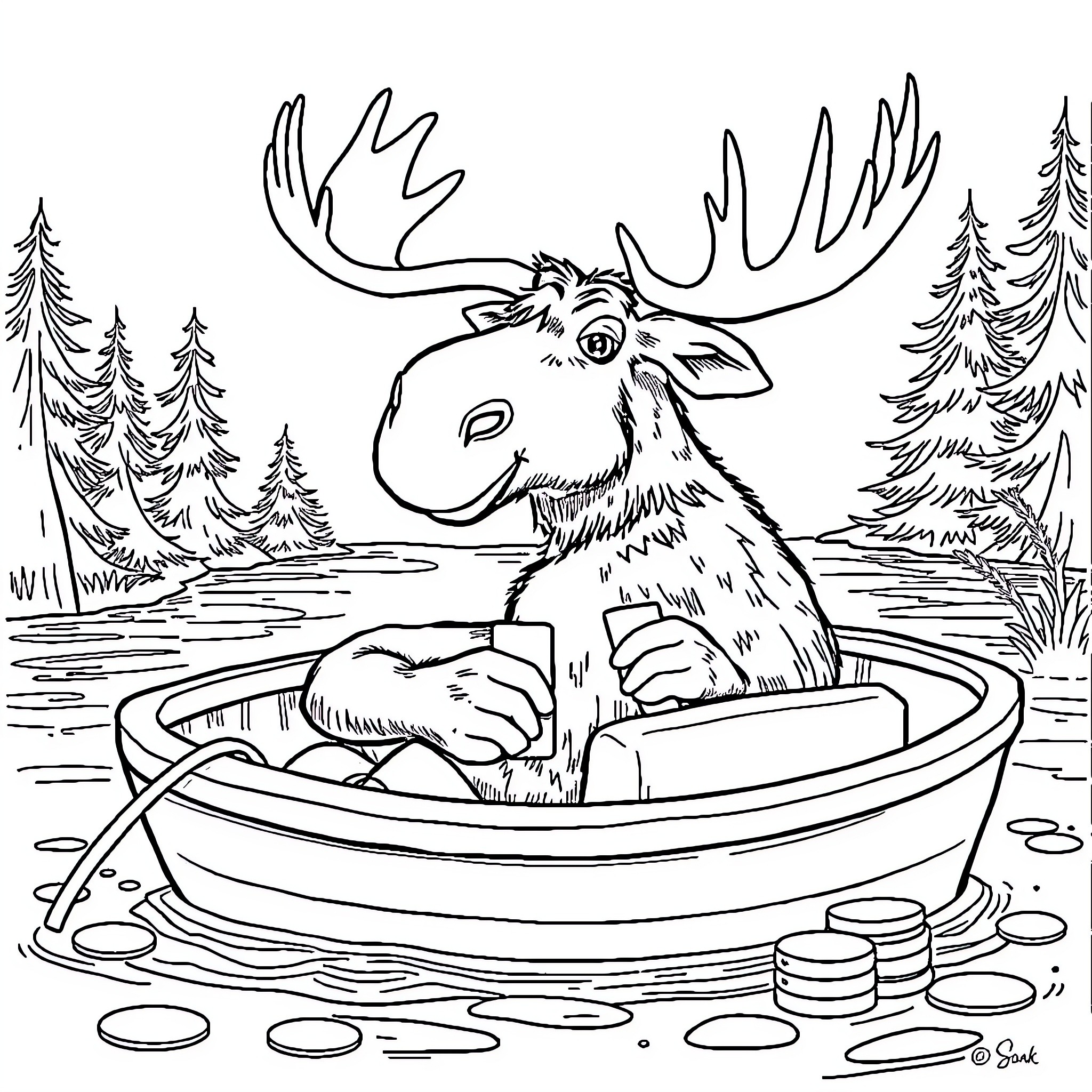 Moose enjoying a relaxing soak in a boat Coloring Page (free black-and-white line drawing printable PDF for all, from beginners to advanced learners, including children, teens, adults, and seniors)