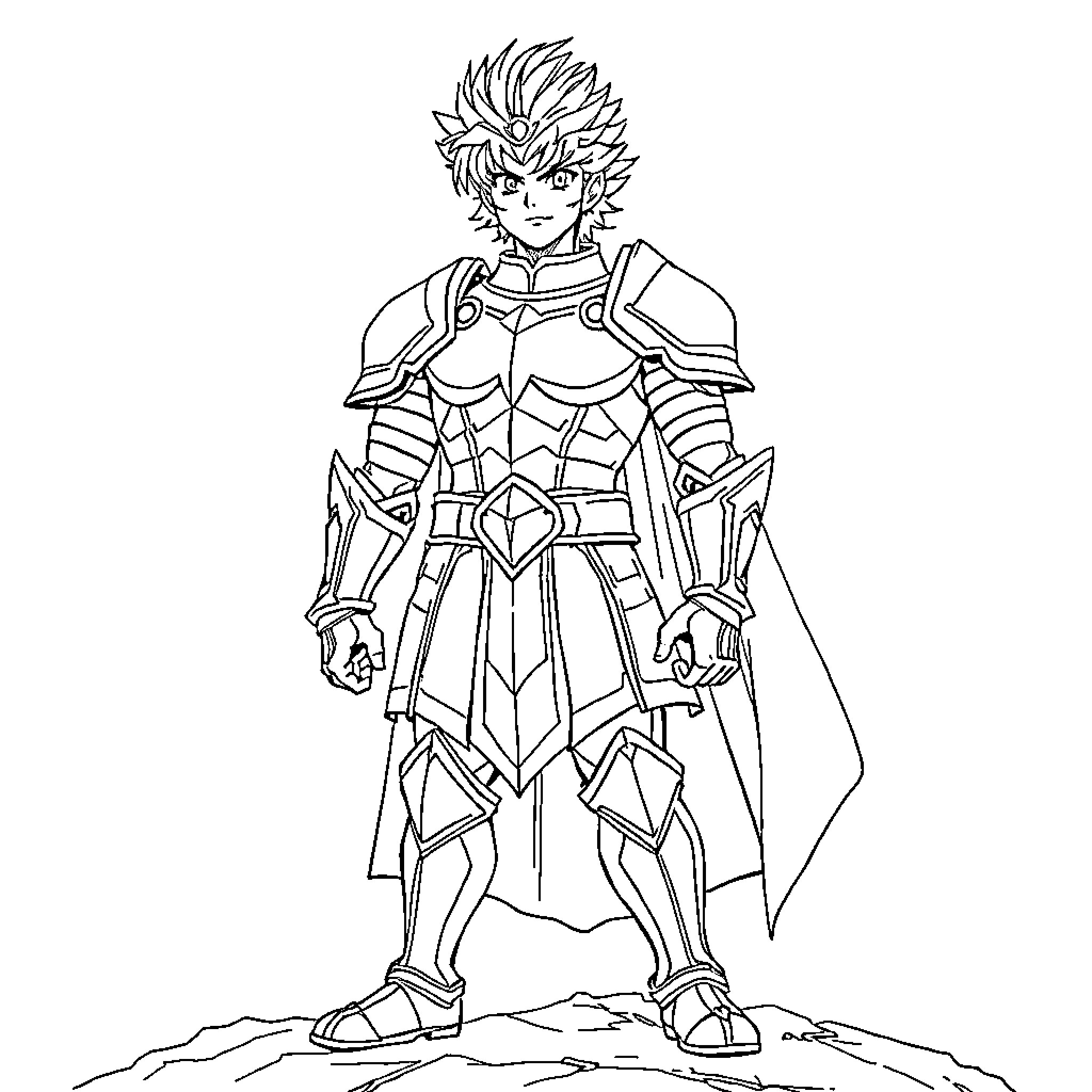 Seiya in Heroic Warrior Attire Coloring Page (free black-and-white line drawing printable PDF for all, from beginners to advanced learners, including children, teens, adults, and seniors)