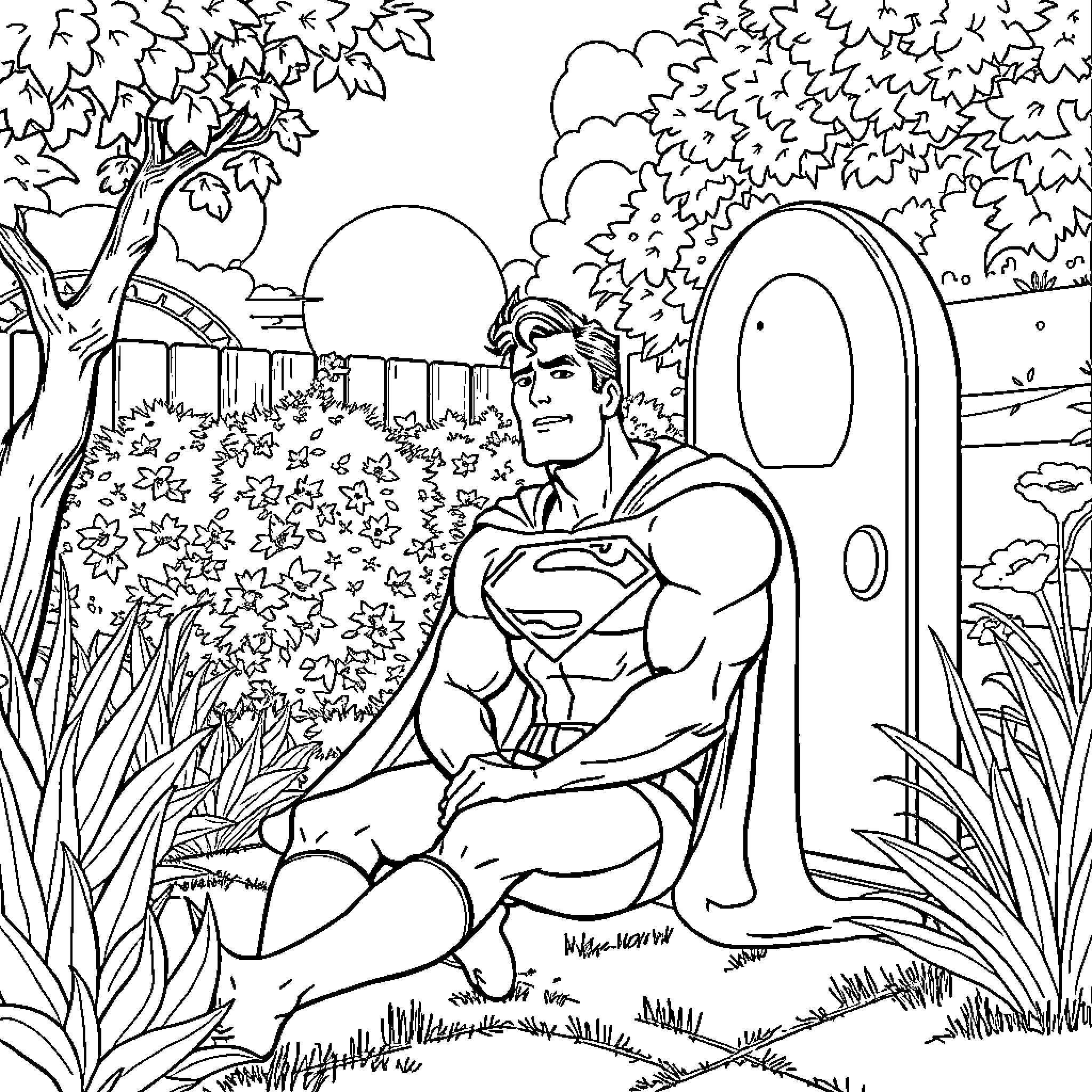 Superman relaxing in nature's peaceful embrace Coloring Page (free black-and-white line drawing printable PDF for all, from beginners to advanced learners, including children, teens, adults, and seniors)