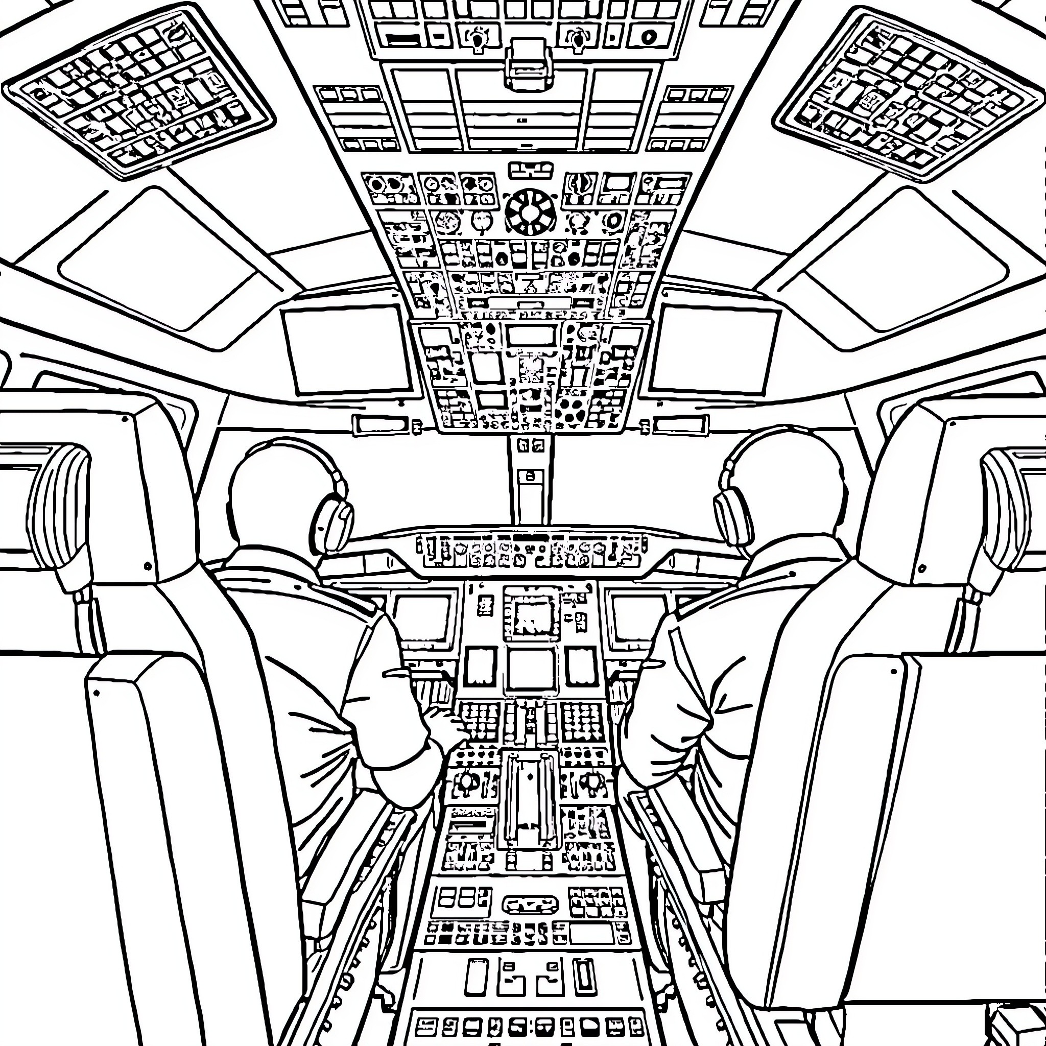 Pilot's view of aircraft cockpit controls and instrumentation Coloring Page (free black-and-white line drawing printable PDF for all, from beginners to advanced learners, including children, teens, adults, and seniors)