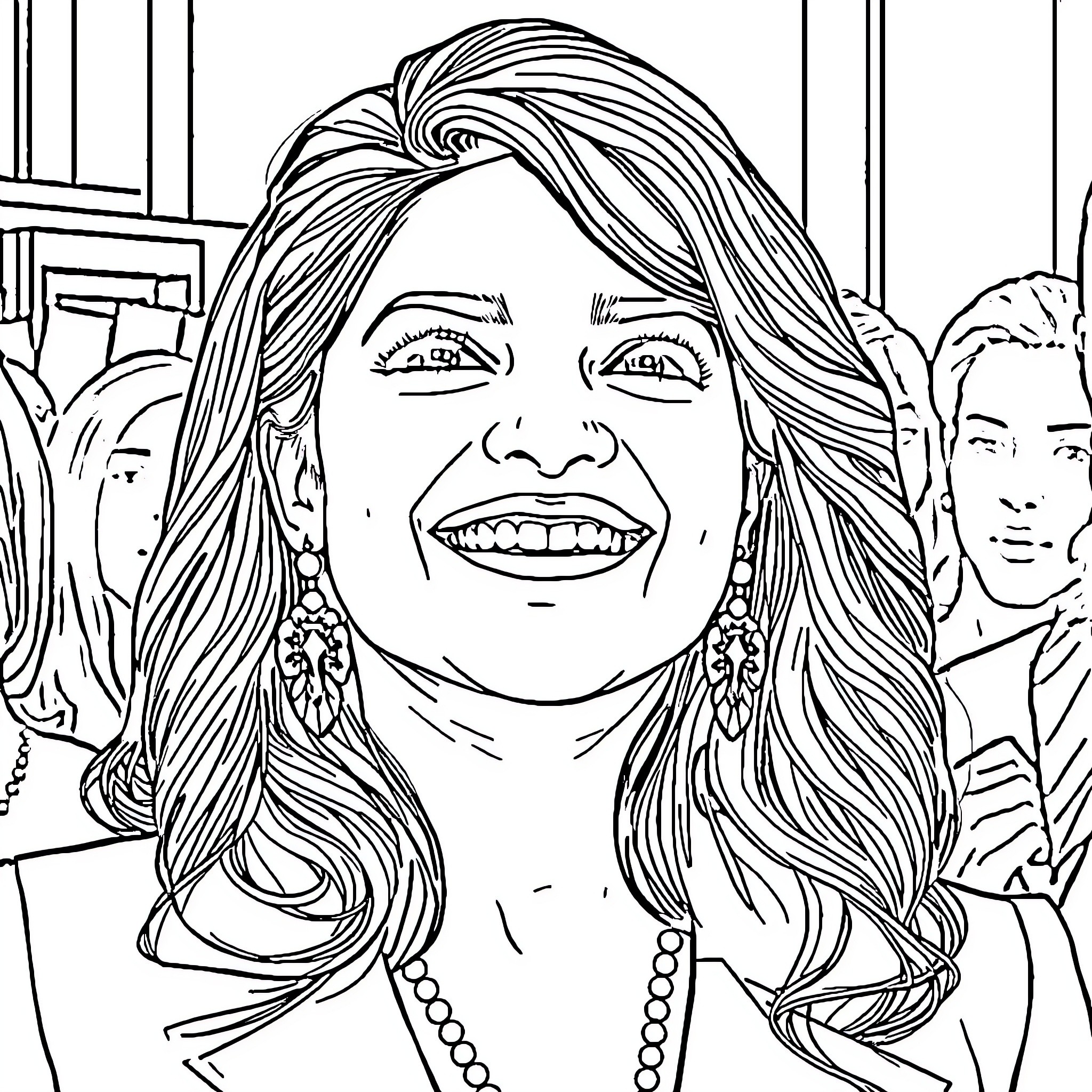 Priyanka Chopra's Radiant Smile and Glamorous Attire Coloring Page (free black-and-white line drawing printable PDF for all, from beginners to advanced learners, including children, teens, adults, and seniors)