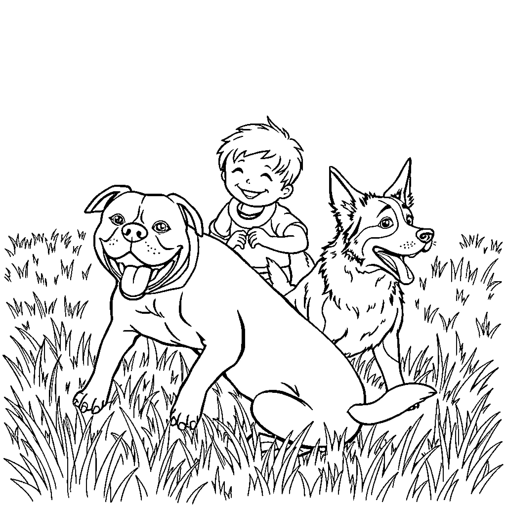 Boy Playfully Interacting with Friendly Dogs in Nature Coloring Page (free black-and-white line drawing printable PDF for all, from beginners to advanced learners, including children, teens, adults, and seniors)
