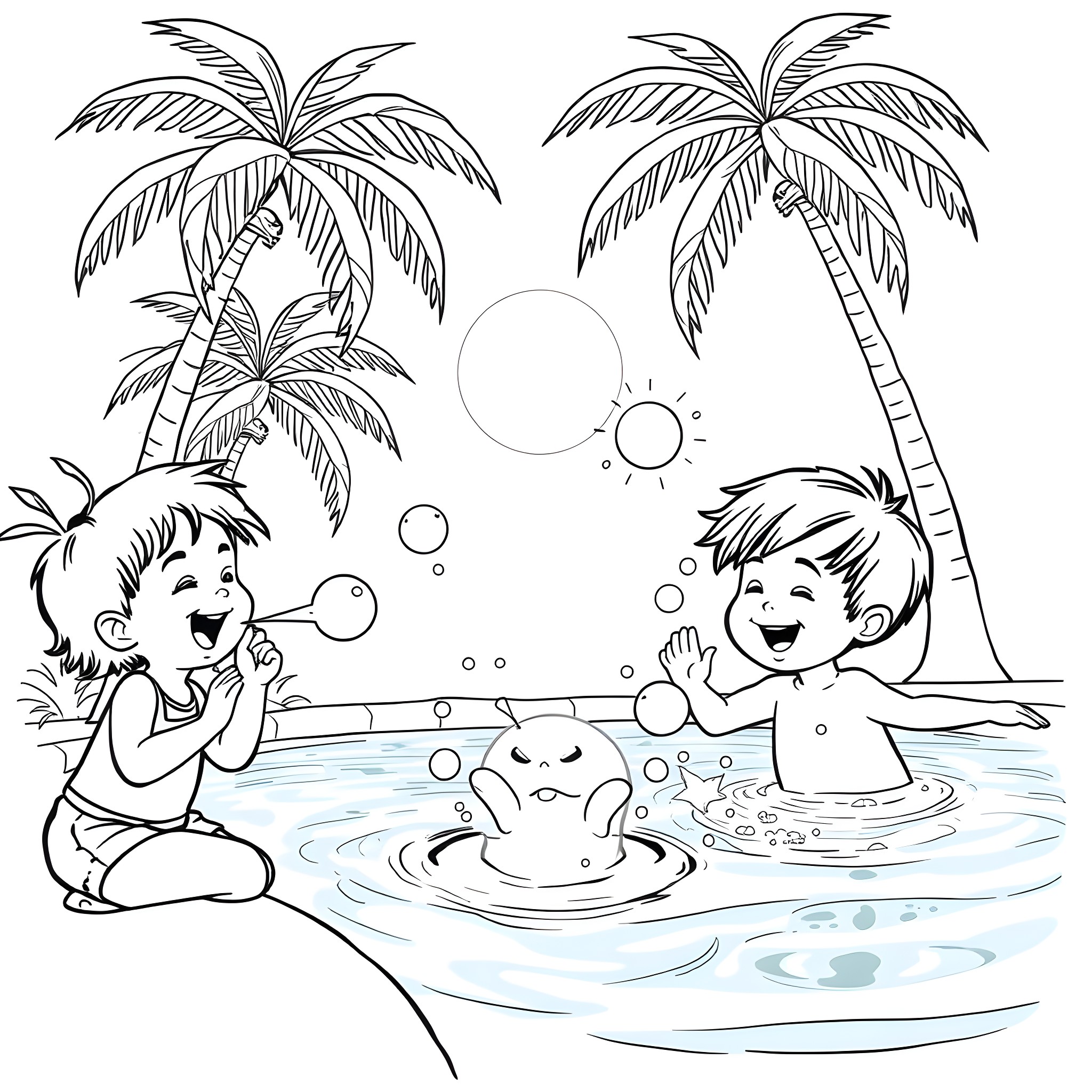 Bubble fun at the beach Coloring Page (free black-and-white line drawing printable PDF for all, from beginners to advanced learners, including children, teens, adults, and seniors)