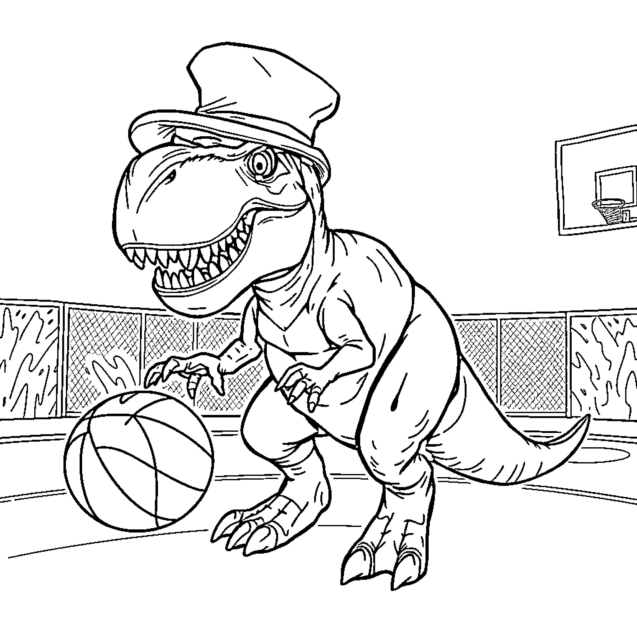 T-Rex Playing Basketball in the Gym Coloring Page (free black-and-white line drawing printable PDF for all, from beginners to advanced learners, including children, teens, adults, and seniors)