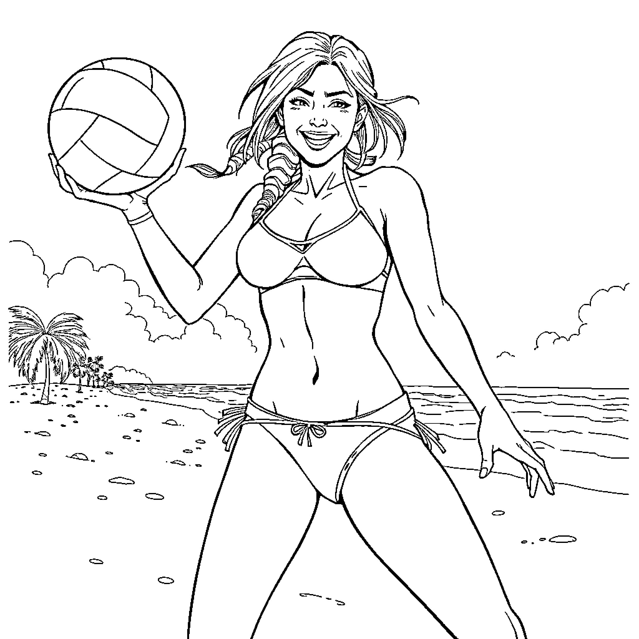 Lara Croft enjoying beach volleyball on tropical paradise Coloring Page (free black-and-white line drawing printable PDF for all, from beginners to advanced learners, including children, teens, adults, and seniors)