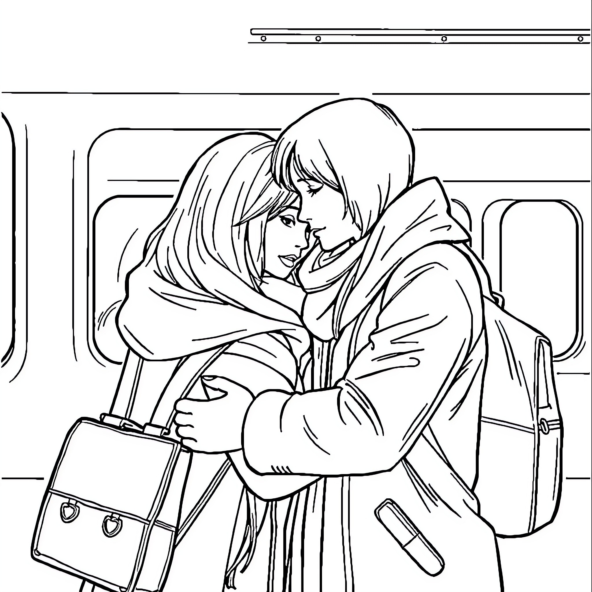 Couple embracing on the train Coloring Page (free black-and-white line drawing printable PDF for all, from beginners to advanced learners, including children, teens, adults, and seniors)