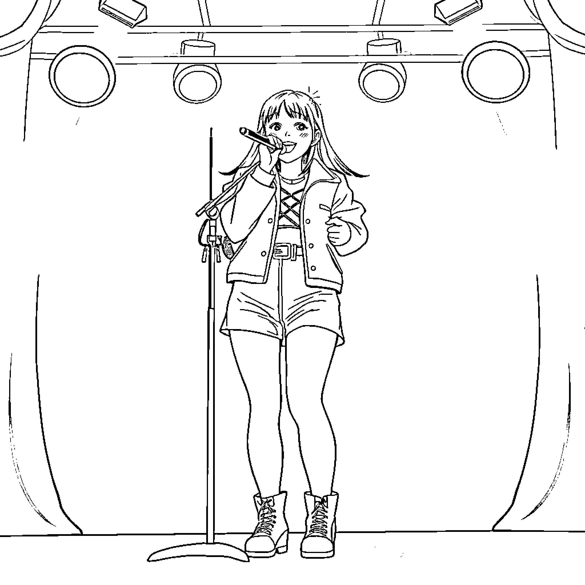 Rumi performing with microphone on stage Coloring Page (free black-and-white line drawing printable PDF for all, from beginners to advanced learners, including children, teens, adults, and seniors)