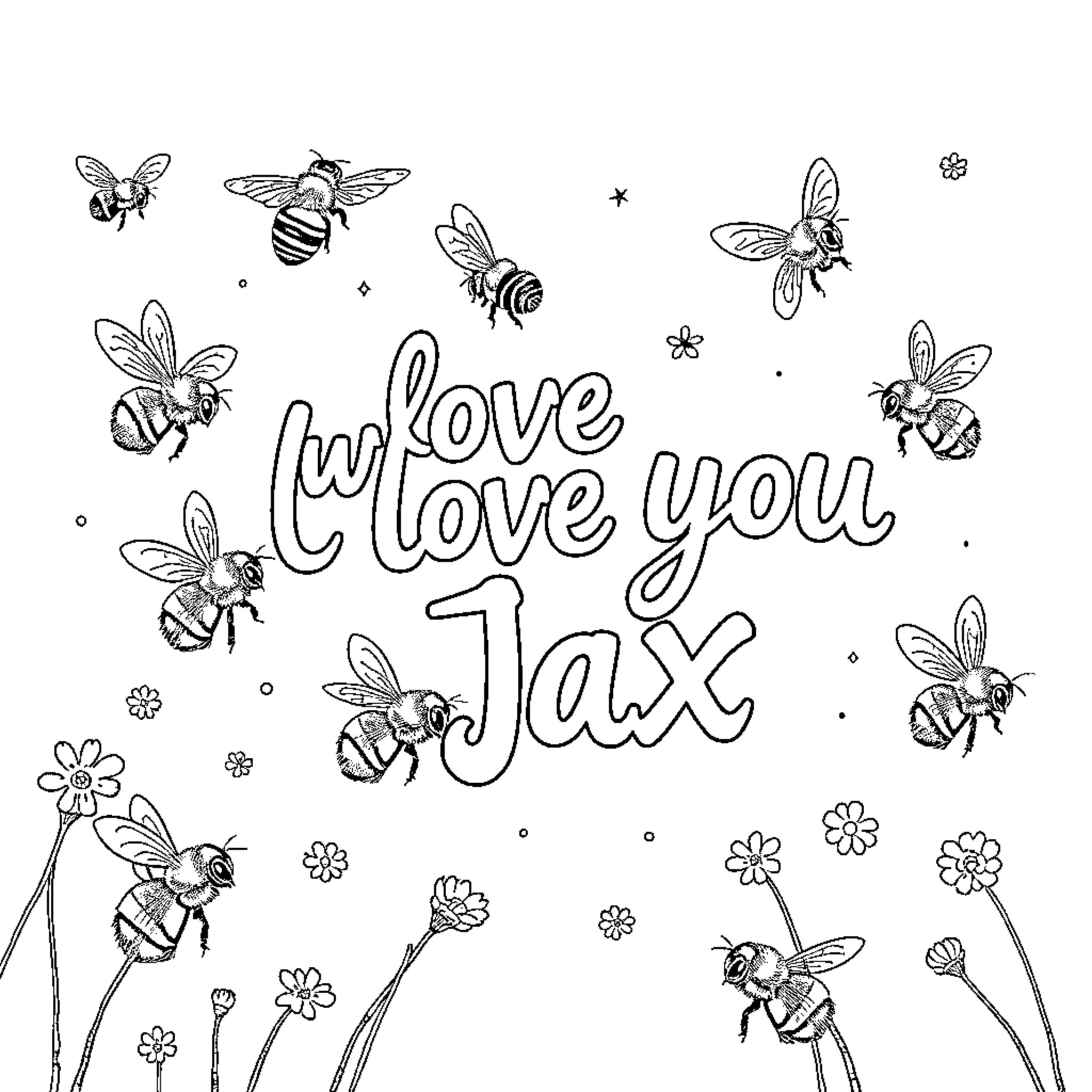 Bumblebee love and affection message with floral elements Coloring Page (free black-and-white line drawing printable PDF for all, from beginners to advanced learners, including children, teens, adults, and seniors)