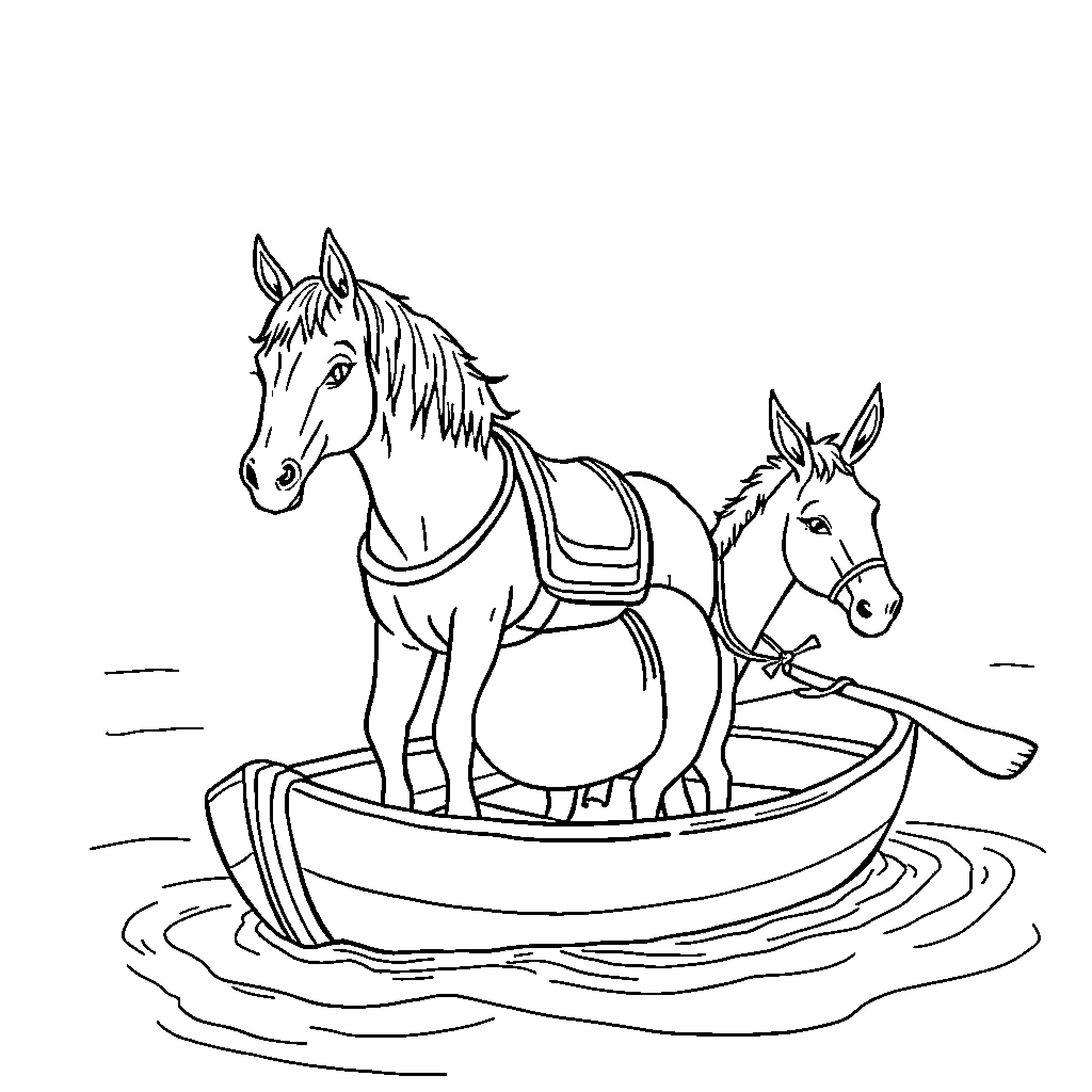 Horses Riding in a Boat on the Water Coloring Page (free black-and-white line drawing printable PDF for all, from beginners to advanced learners, including children, teens, adults, and seniors)