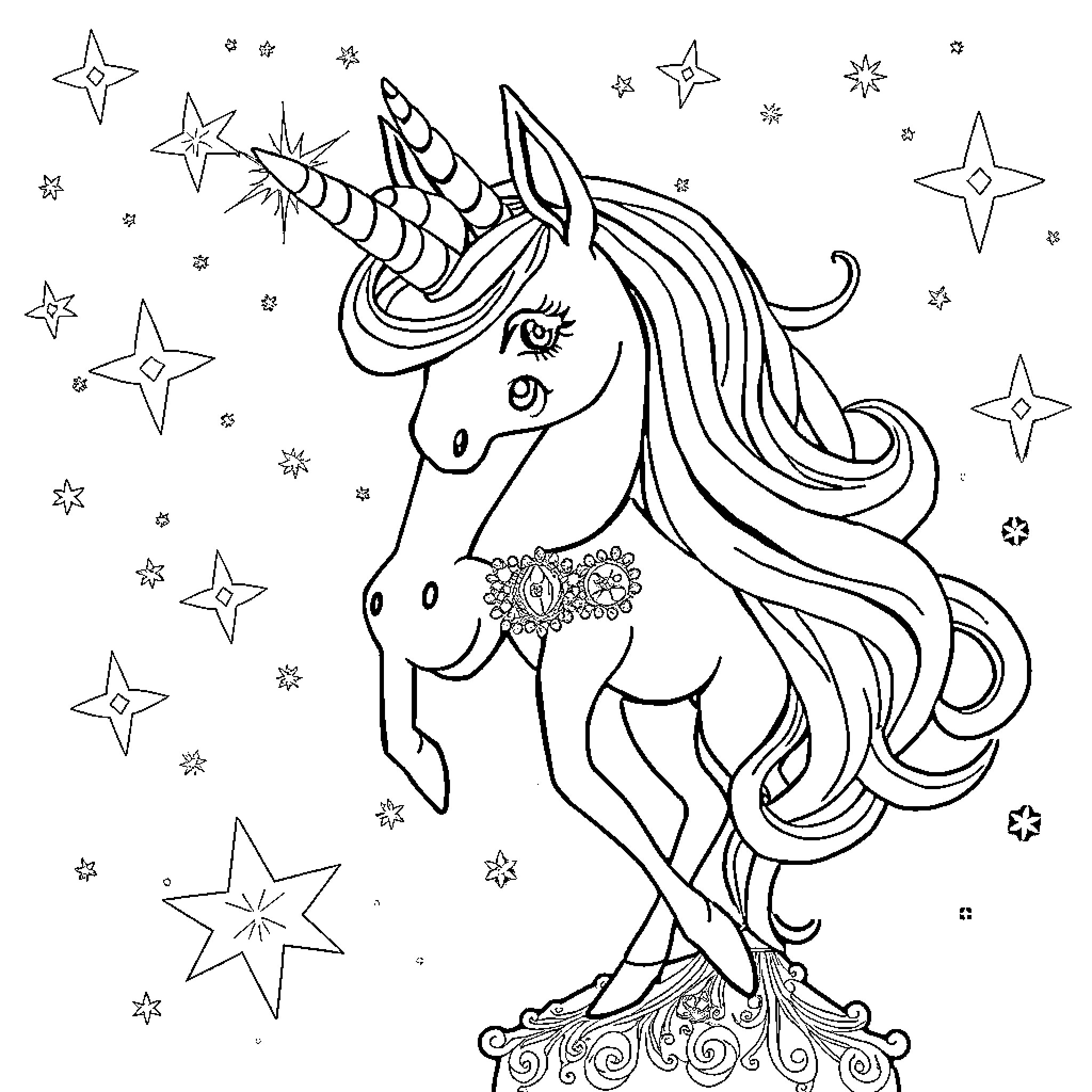 Unicorn dancing gracefully among the stars Coloring Page (free black-and-white line drawing printable PDF for all, from beginners to advanced learners, including children, teens, adults, and seniors)