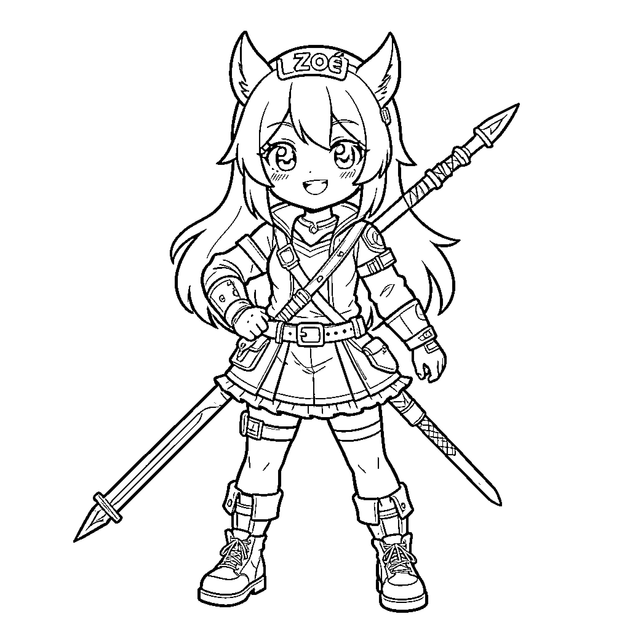 Zoë posing confidently while holding a long spear Coloring Page (free black-and-white line drawing printable PDF for all, from beginners to advanced learners, including children, teens, adults, and seniors)