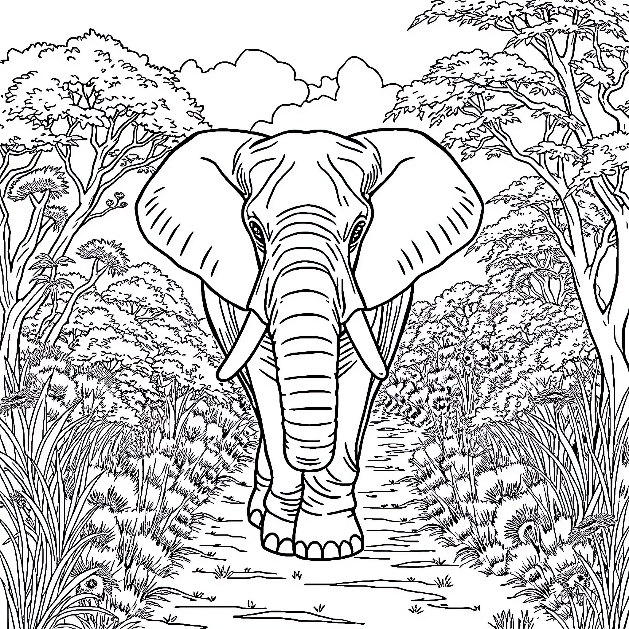 Elephant walking through the serene forest Coloring Page (free black-and-white line drawing printable PDF for all, from beginners to advanced learners, including children, teens, adults, and seniors)