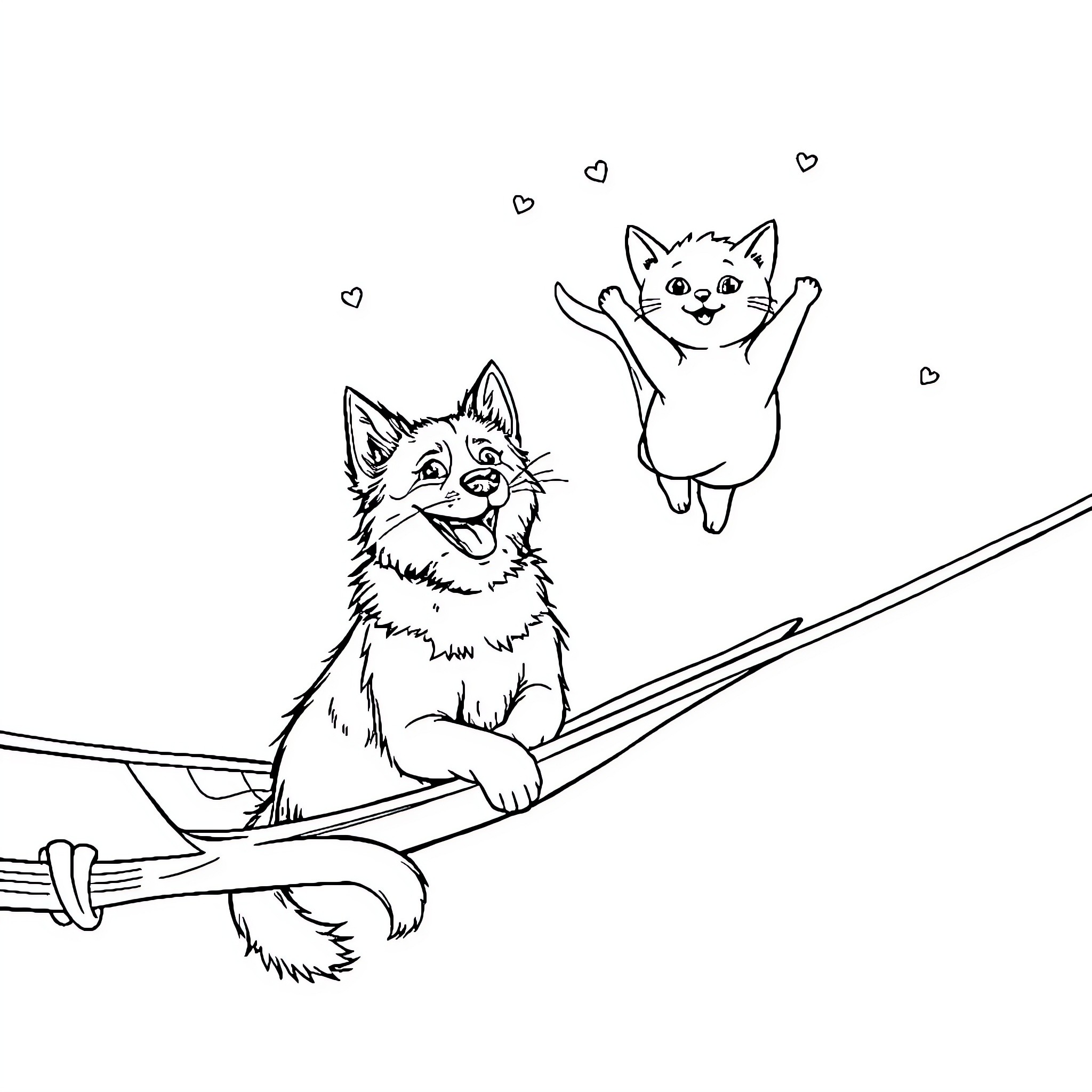 Cats playing and leaping with hearts Coloring Page (free black-and-white line drawing printable PDF for all, from beginners to advanced learners, including children, teens, adults, and seniors)