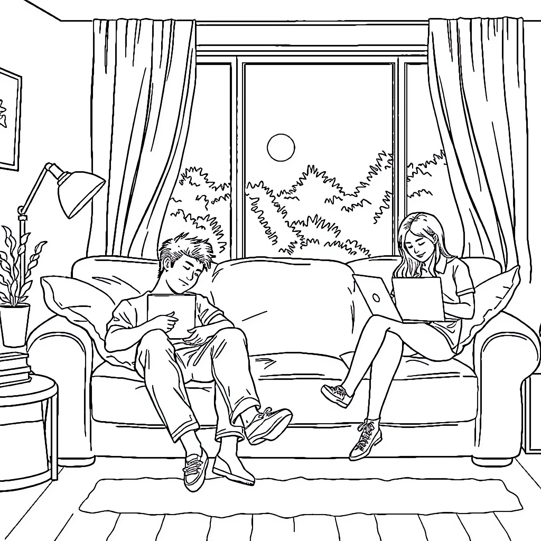 Guy and girl relaxing on the couch Coloring Page (free black-and-white line drawing printable PDF for all, from beginners to advanced learners, including children, teens, adults, and seniors)