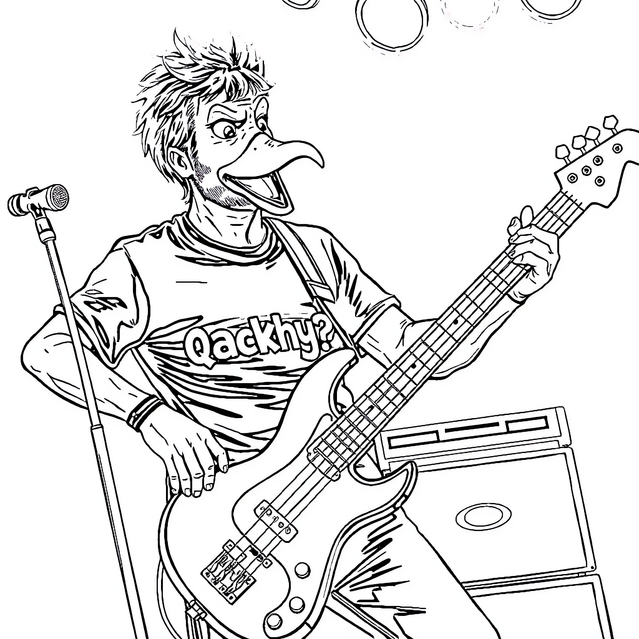 Bass Guitar player performing on stage Coloring Page (free black-and-white line drawing printable PDF for all, from beginners to advanced learners, including children, teens, adults, and seniors)