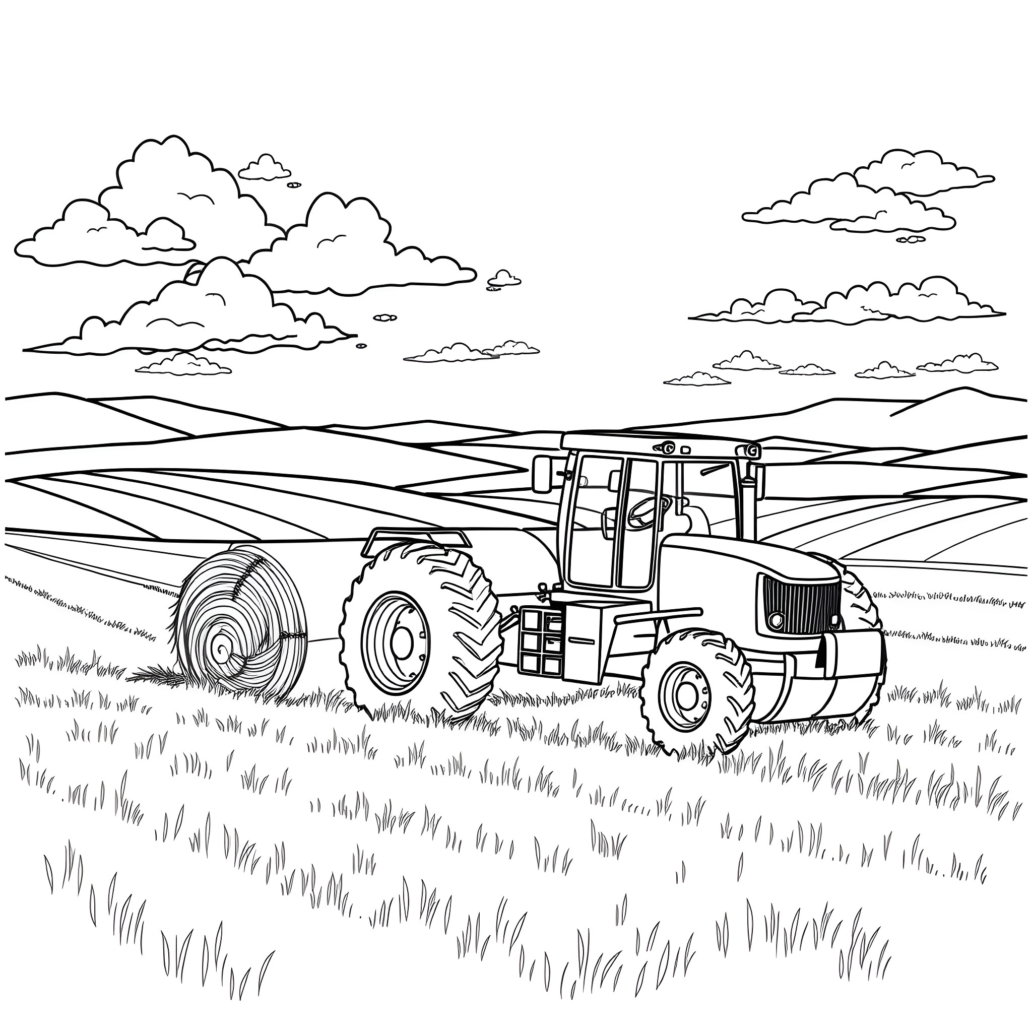 Tractor working in the fields under cloudy skies Coloring Page (free black-and-white line drawing printable PDF for all, from beginners to advanced learners, including children, teens, adults, and seniors)