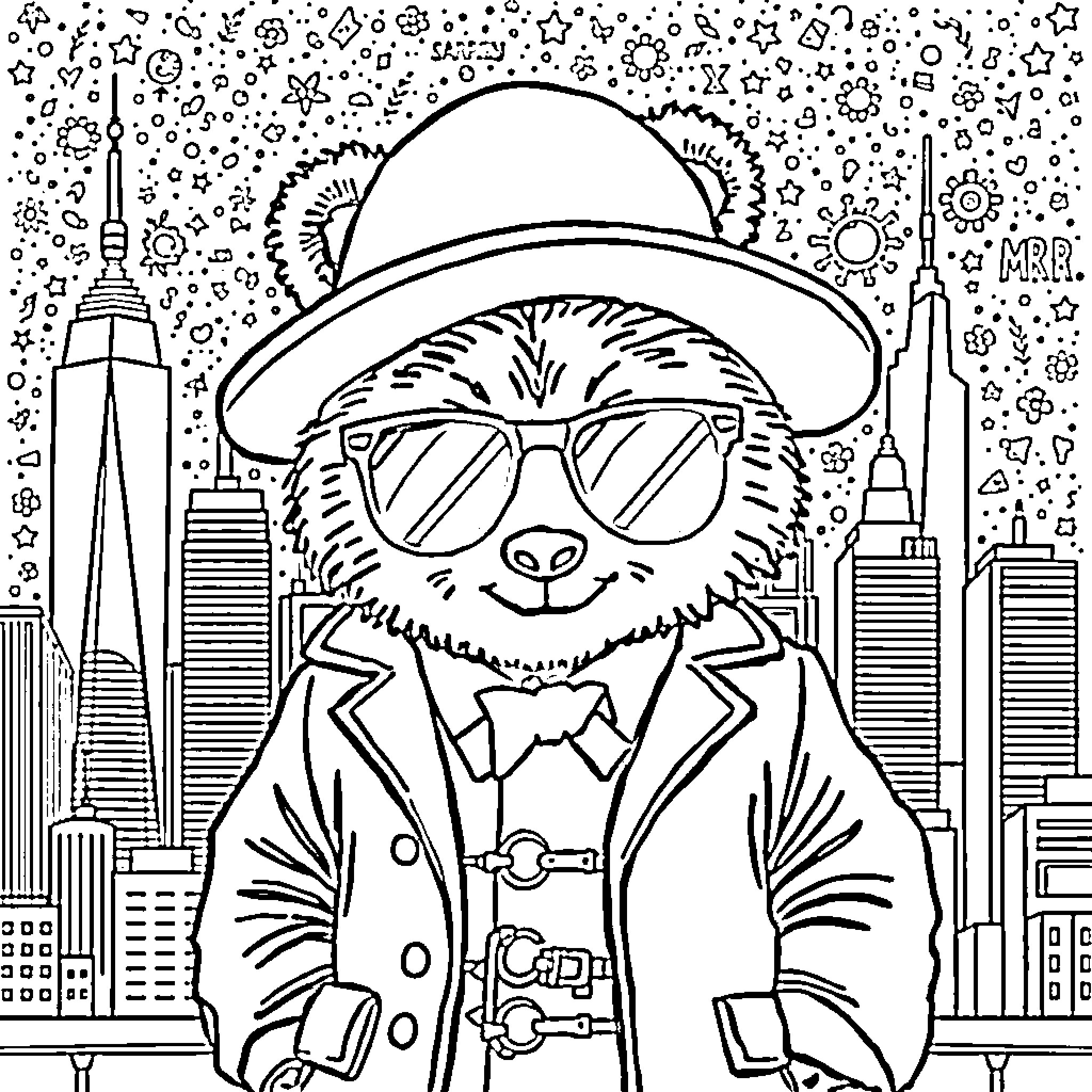 Paddington Bear exploring the big city in style Coloring Page (free black-and-white line drawing printable PDF for all, from beginners to advanced learners, including children, teens, adults, and seniors)