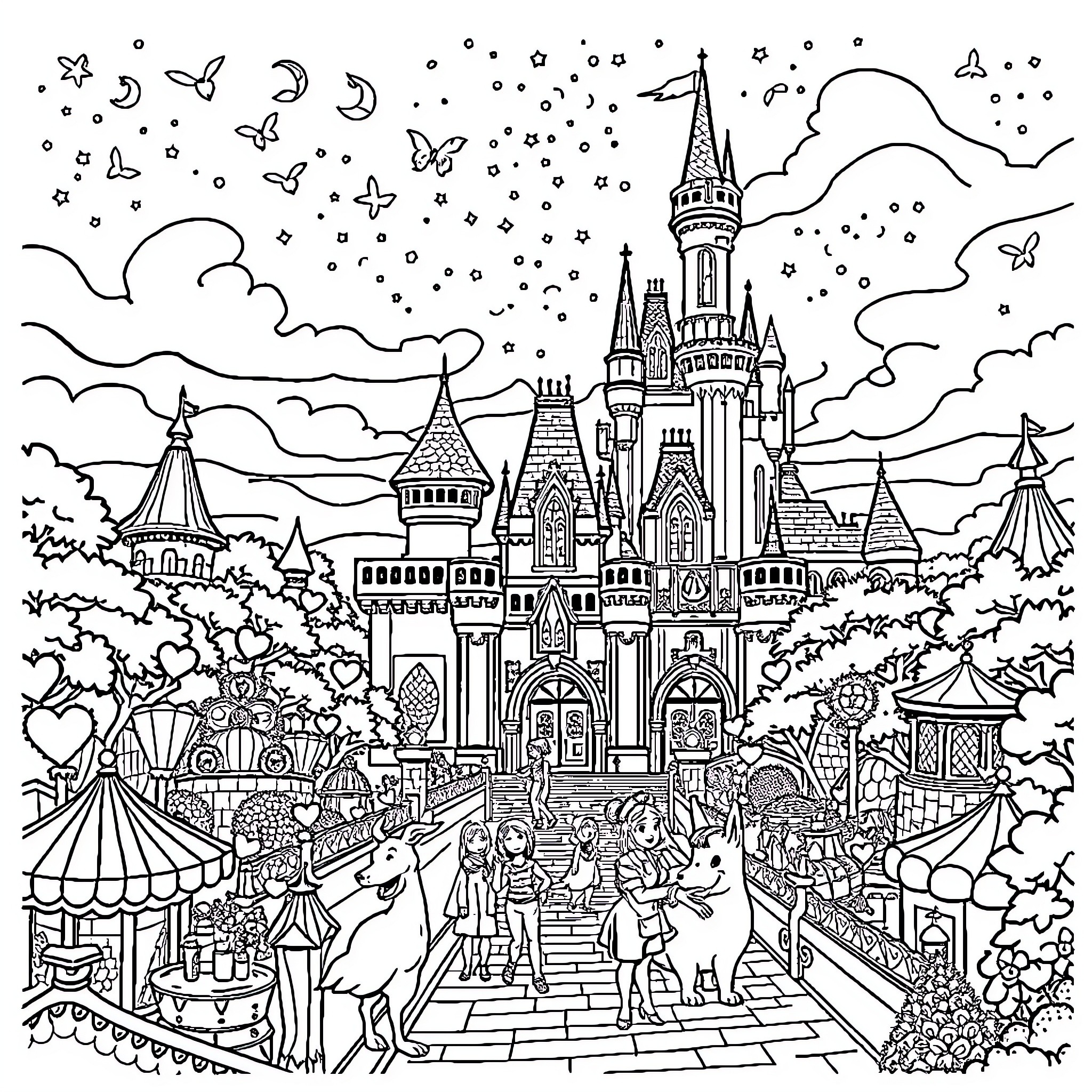 Disney Magical Kingdom with Fantastical Attractions Coloring Page (free black-and-white line drawing printable PDF for all, from beginners to advanced learners, including children, teens, adults, and seniors)