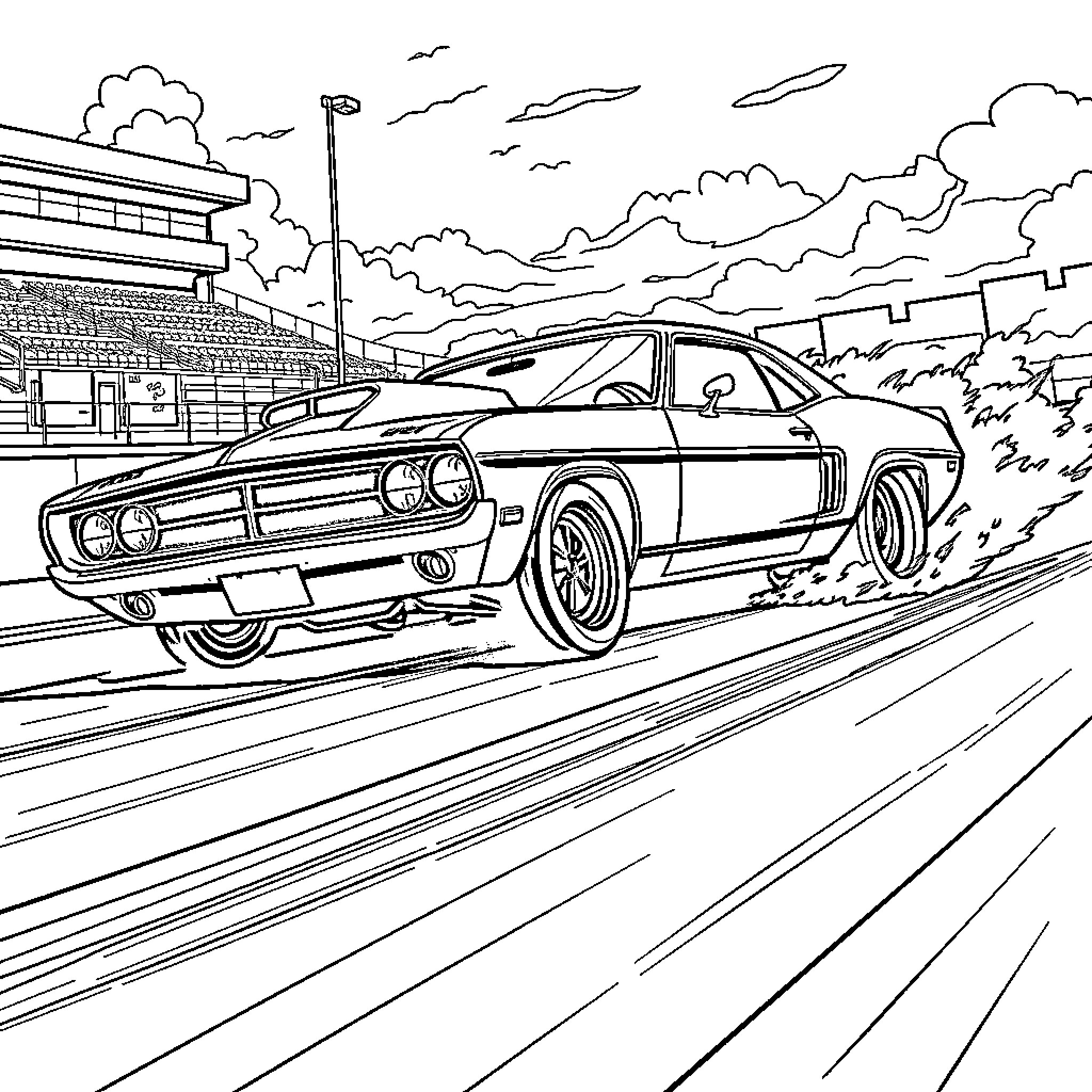 Drag Car speeding on the racetrack Coloring Page (free black-and-white line drawing printable PDF for all, from beginners to advanced learners, including children, teens, adults, and seniors)