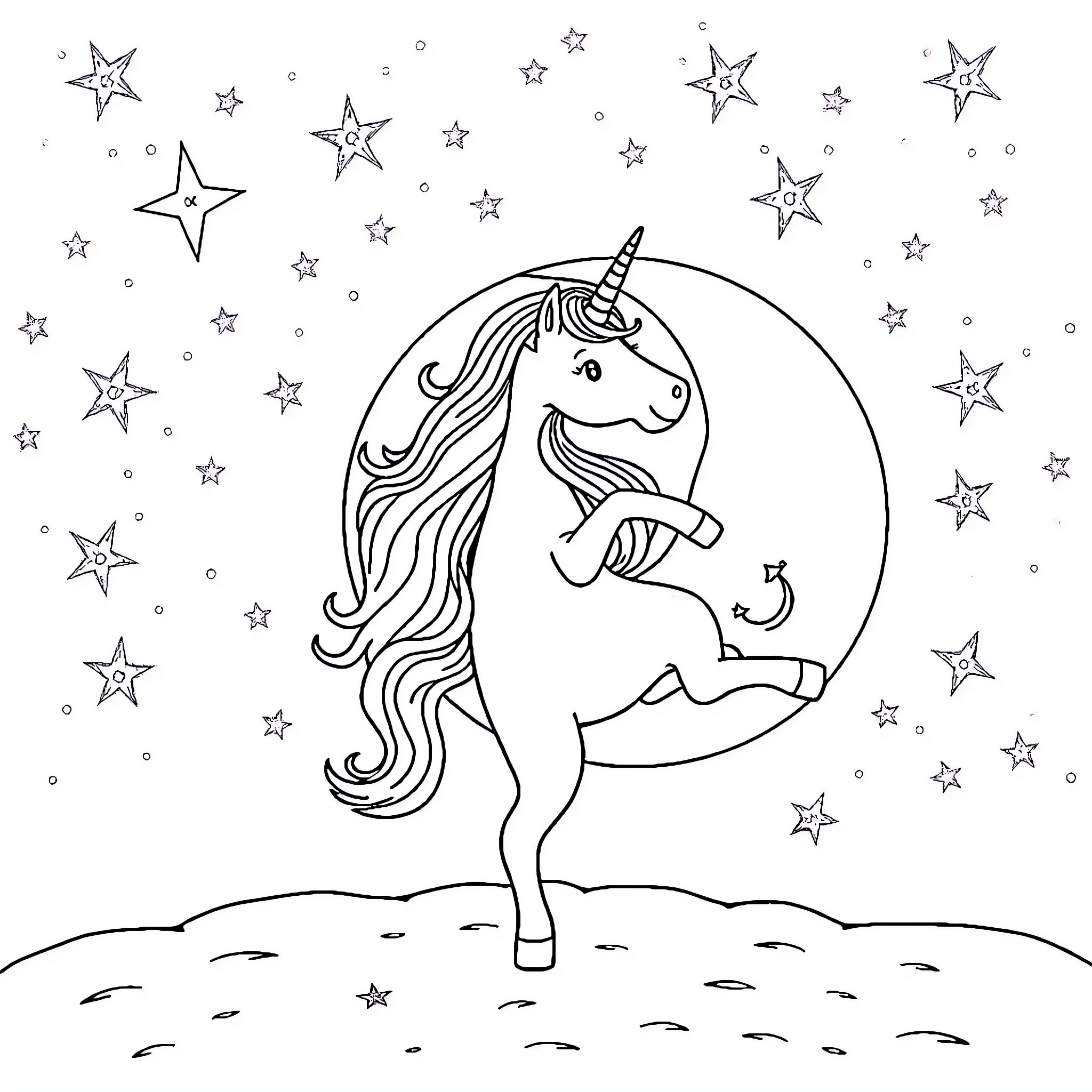 Bluey the Enchanting Unicorn in a Starry Night Coloring Page (free black-and-white line drawing printable PDF for all, from beginners to advanced learners, including children, teens, adults, and seniors)