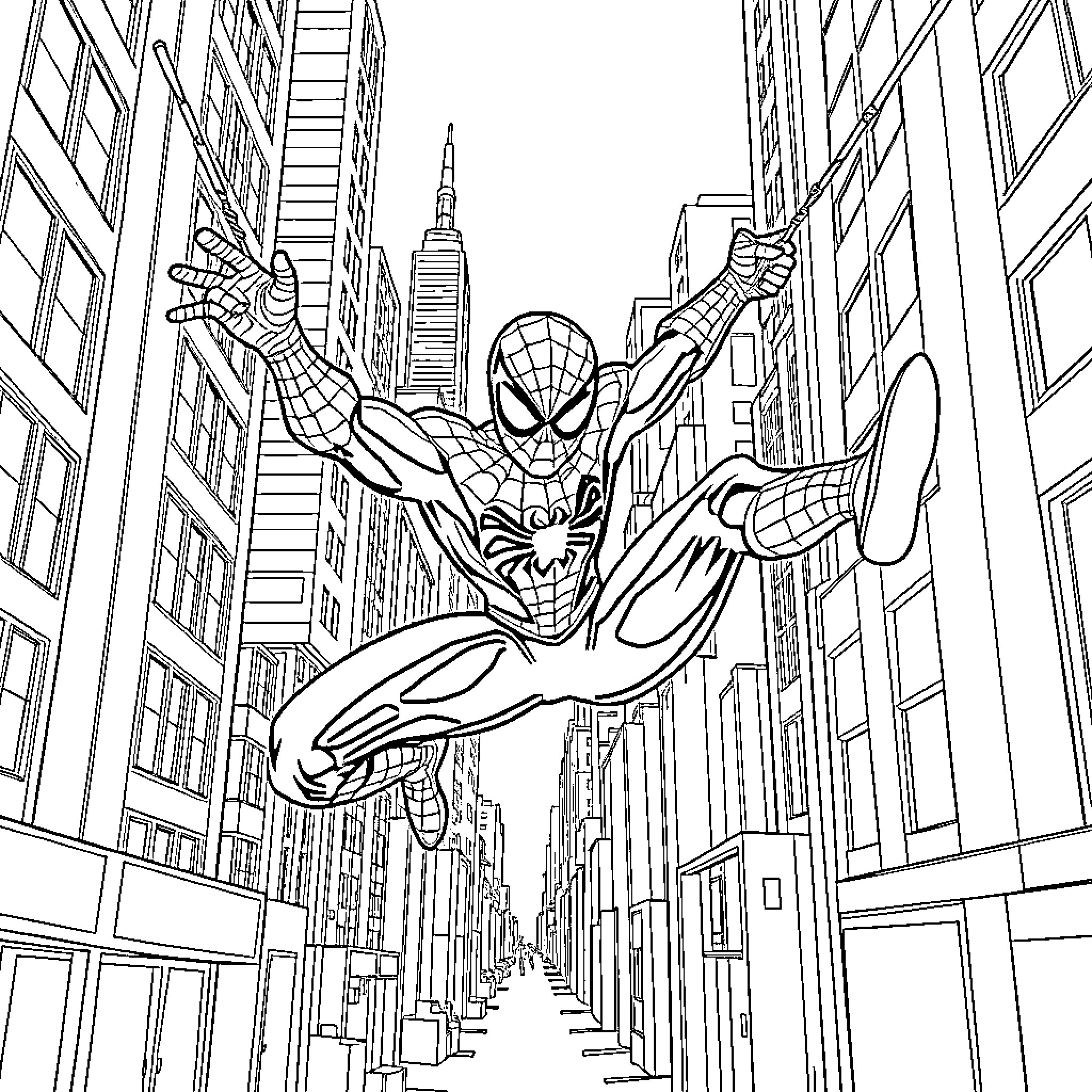 Spiderman swinging through a tall city canyon Coloring Page (free black-and-white line drawing printable PDF for all, from beginners to advanced learners, including children, teens, adults, and seniors)