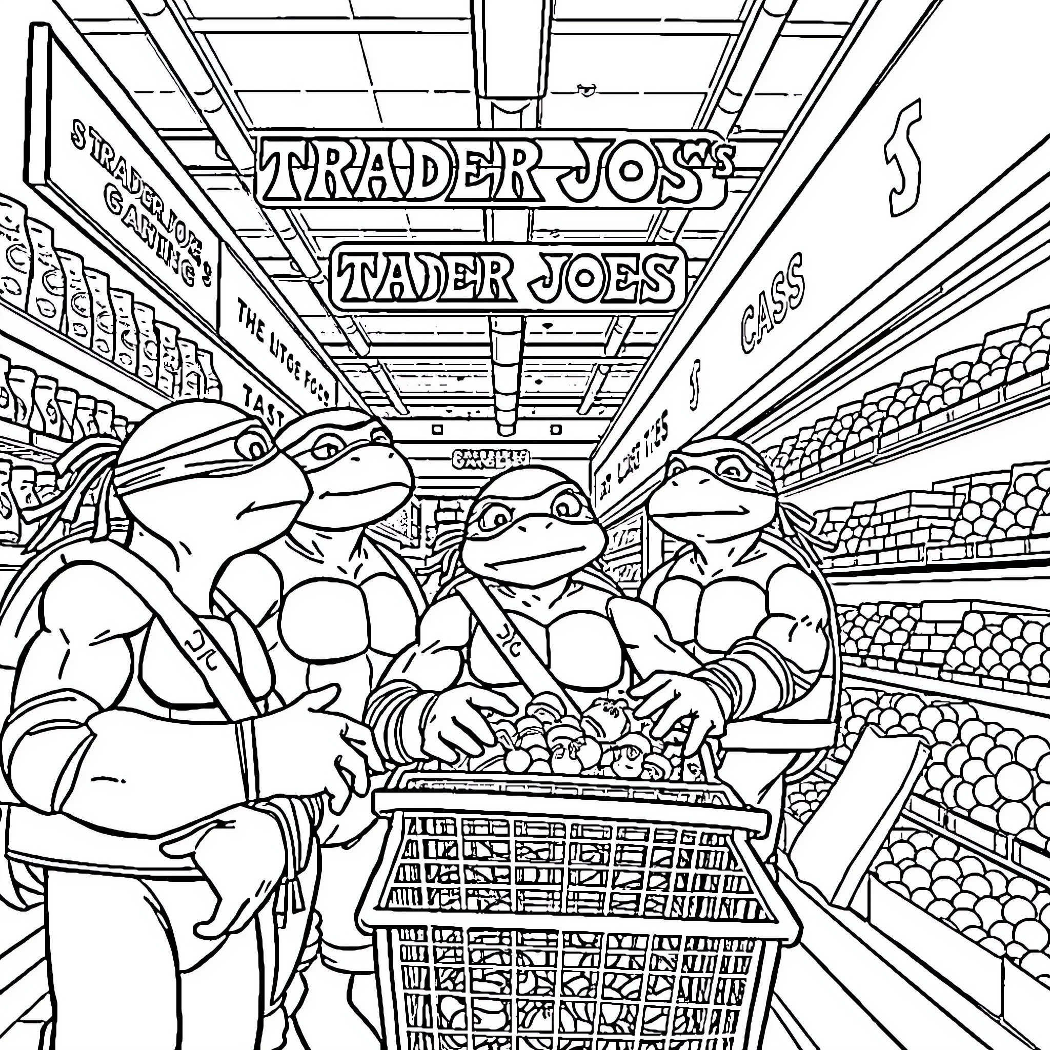 Ninja Turtles shopping in a grocery store Coloring Page (free black-and-white line drawing printable PDF for all, from beginners to advanced learners, including children, teens, adults, and seniors)