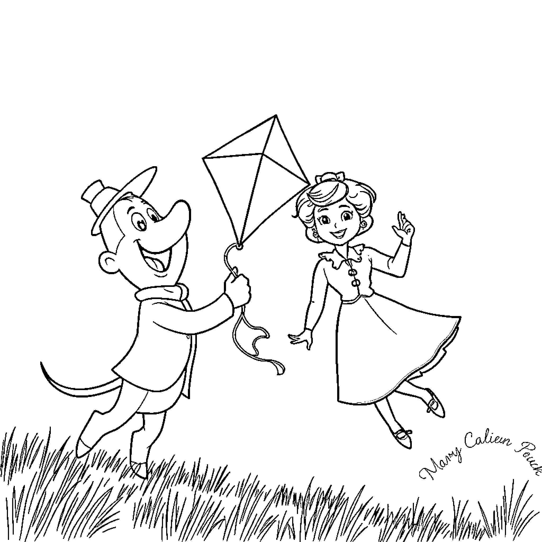 Goro and the Girl Flying a Kite Coloring Page (free black-and-white line drawing printable PDF for all, from beginners to advanced learners, including children, teens, adults, and seniors)