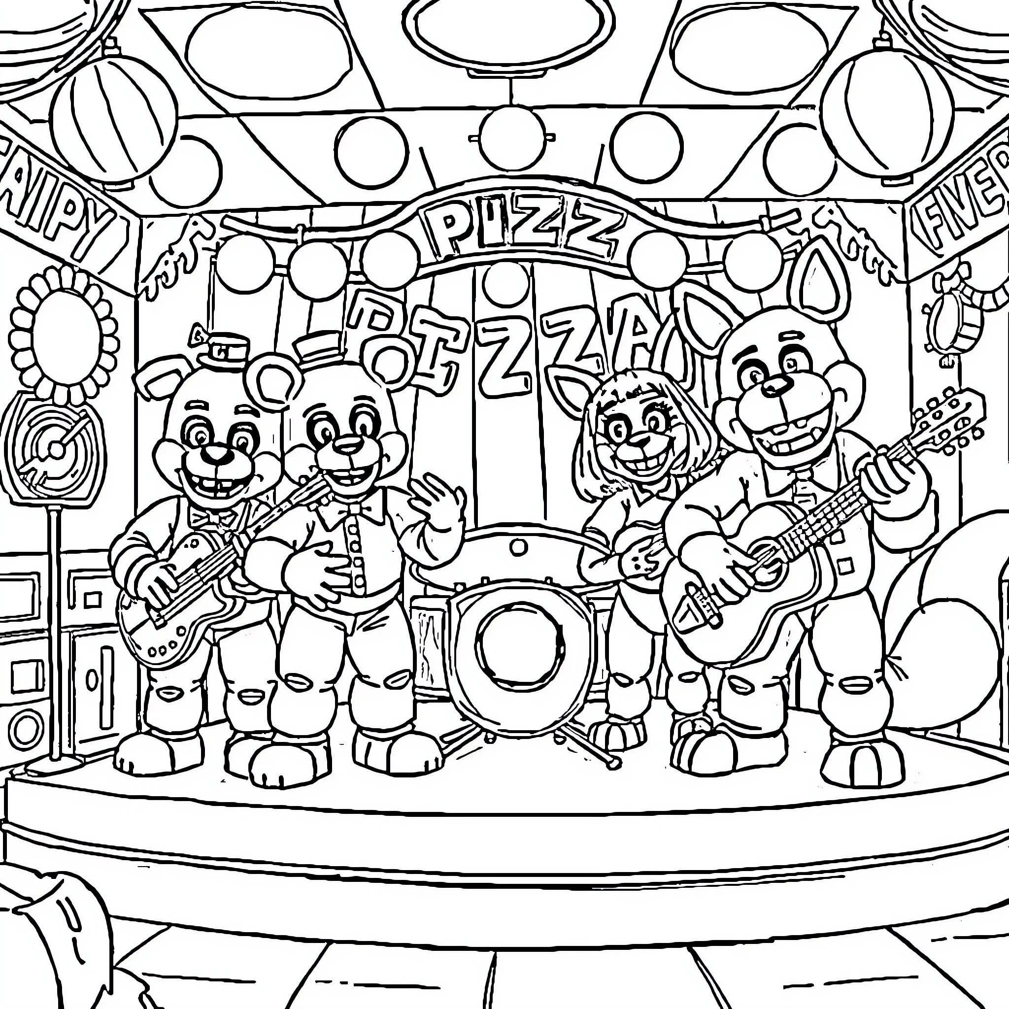Freddy's Pizza Party with Singing Animals Coloring Page (free black-and-white line drawing printable PDF for all, from beginners to advanced learners, including children, teens, adults, and seniors)