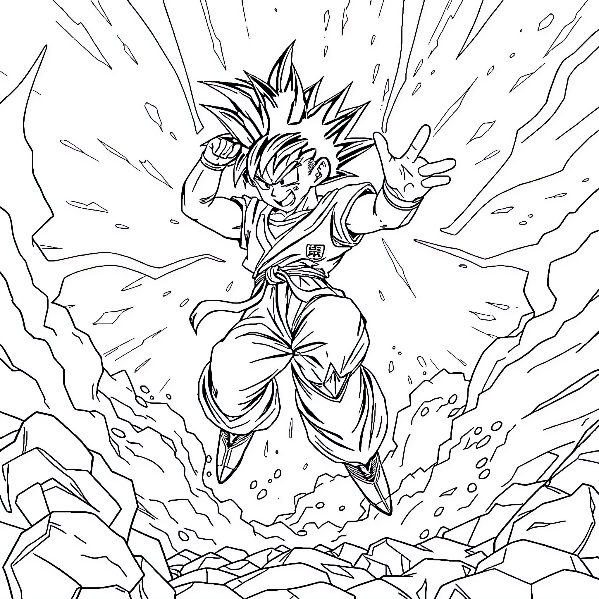 Gohan's Powerful Transformation and Explosive Energy Coloring Page (free black-and-white line drawing printable PDF for all, from beginners to advanced learners, including children, teens, adults, and seniors)
