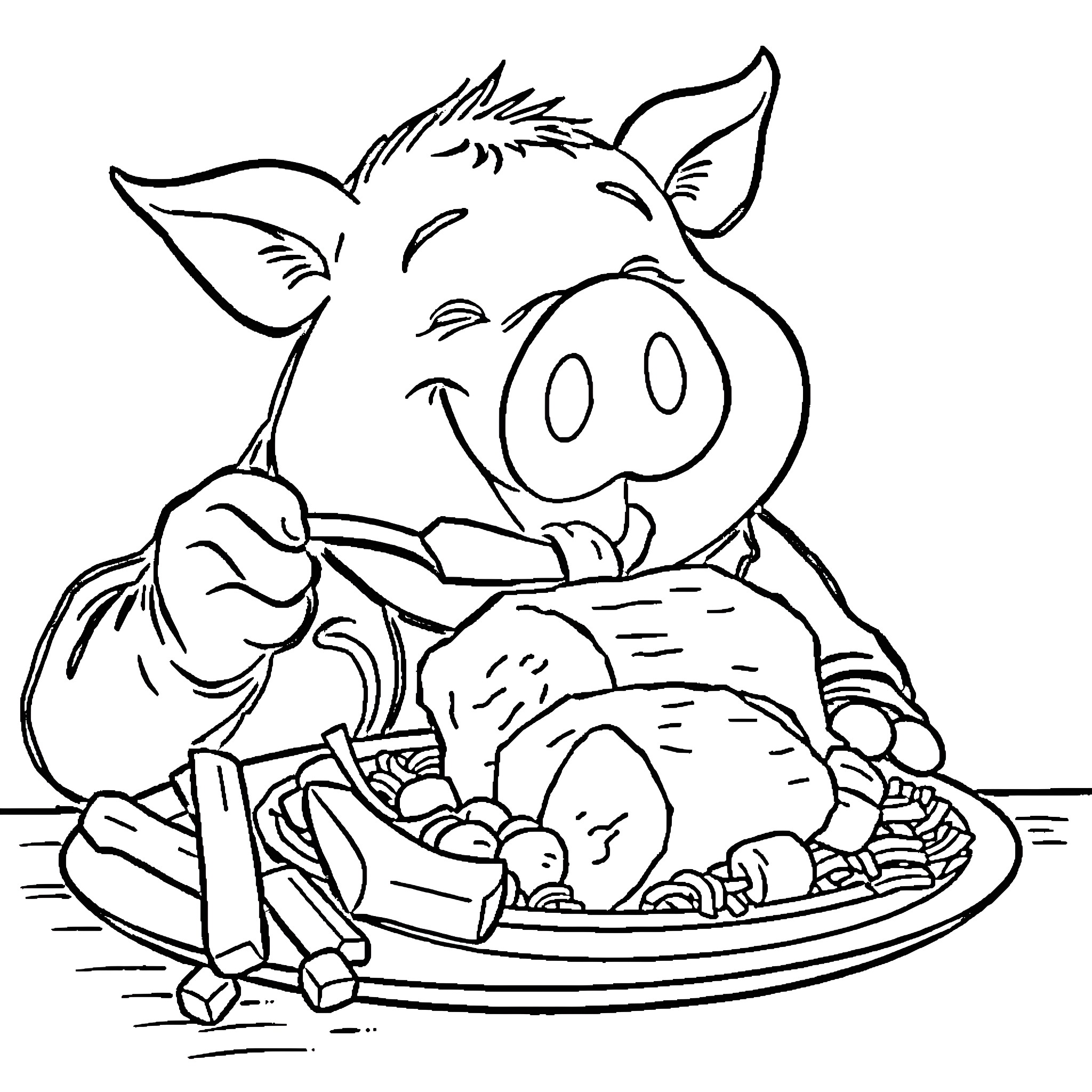 John Pork feasting on a delightful meal Coloring Page (free black-and-white line drawing printable PDF for all, from beginners to advanced learners, including children, teens, adults, and seniors)