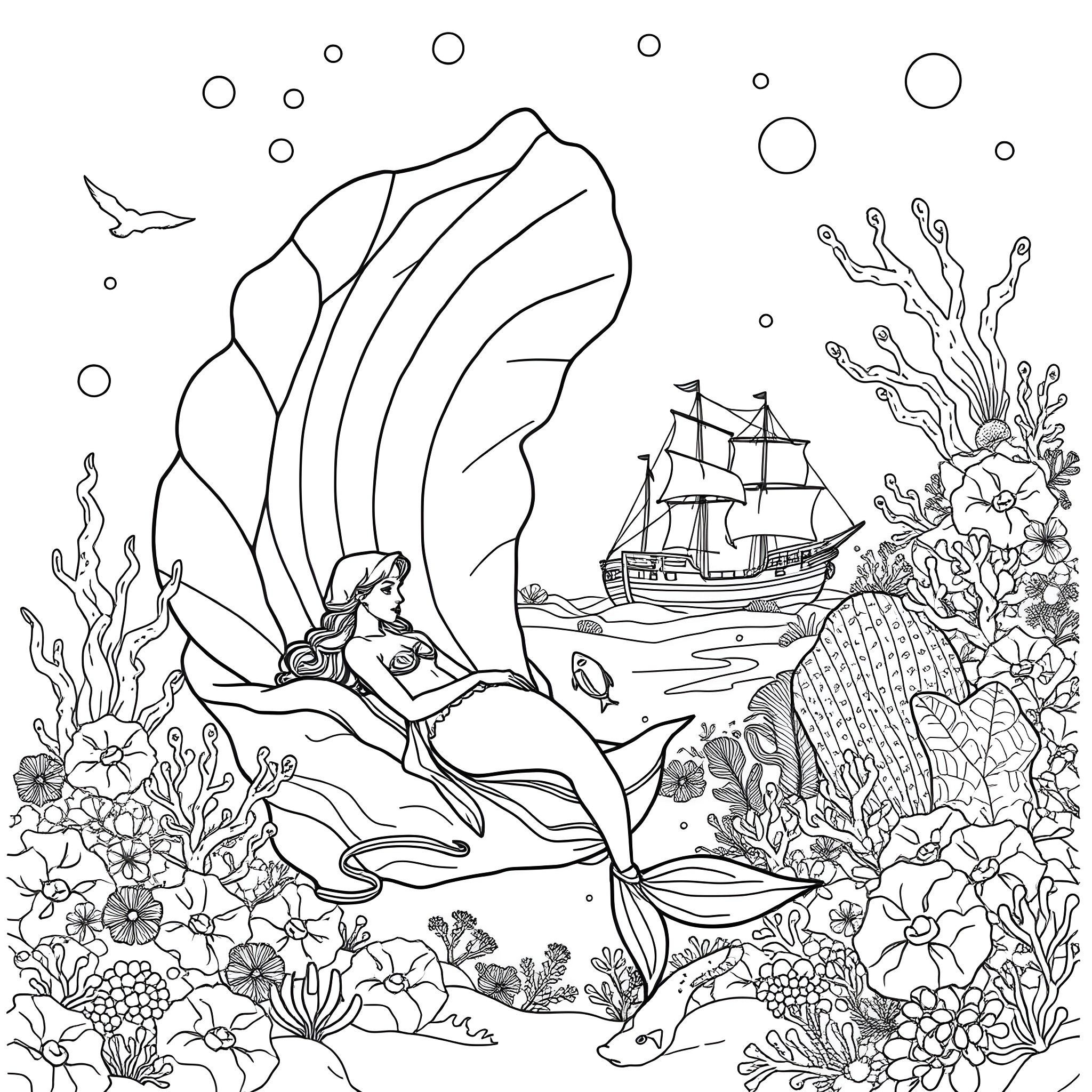 Mermaid exploring the underwater world with a shipwreck Coloring Page (free black-and-white line drawing printable PDF for all, from beginners to advanced learners, including children, teens, adults, and seniors)